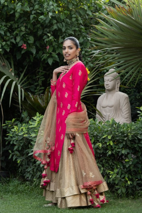 APPLE CUT KURTA WITH LAYERED LEHNGA AND DUPATTA