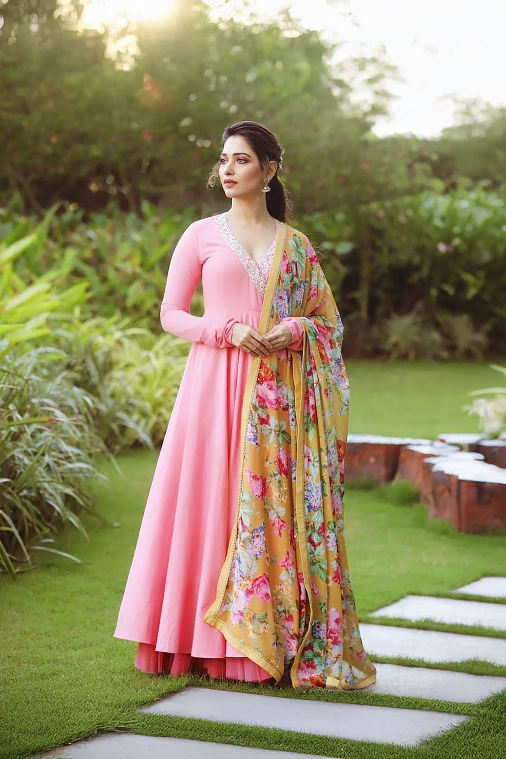 Tamannaah in Pink Angrakha Kurta with Floral Dupatta