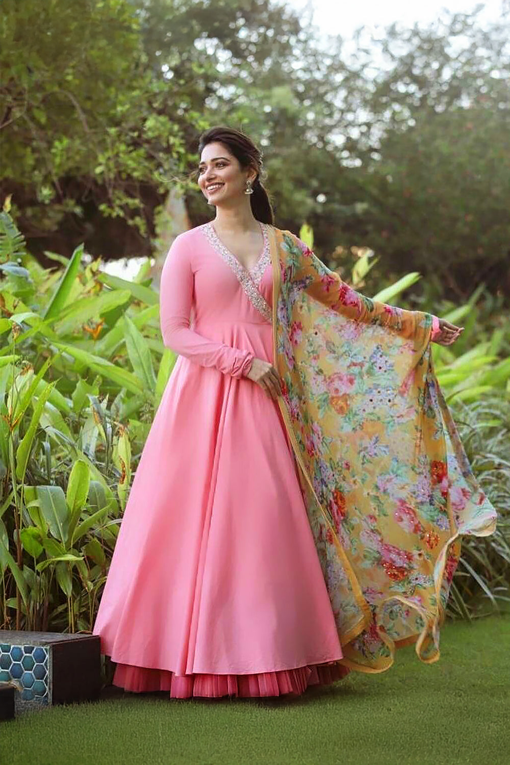 Tamannaah in Pink Angrakha Kurta with Floral Dupatta