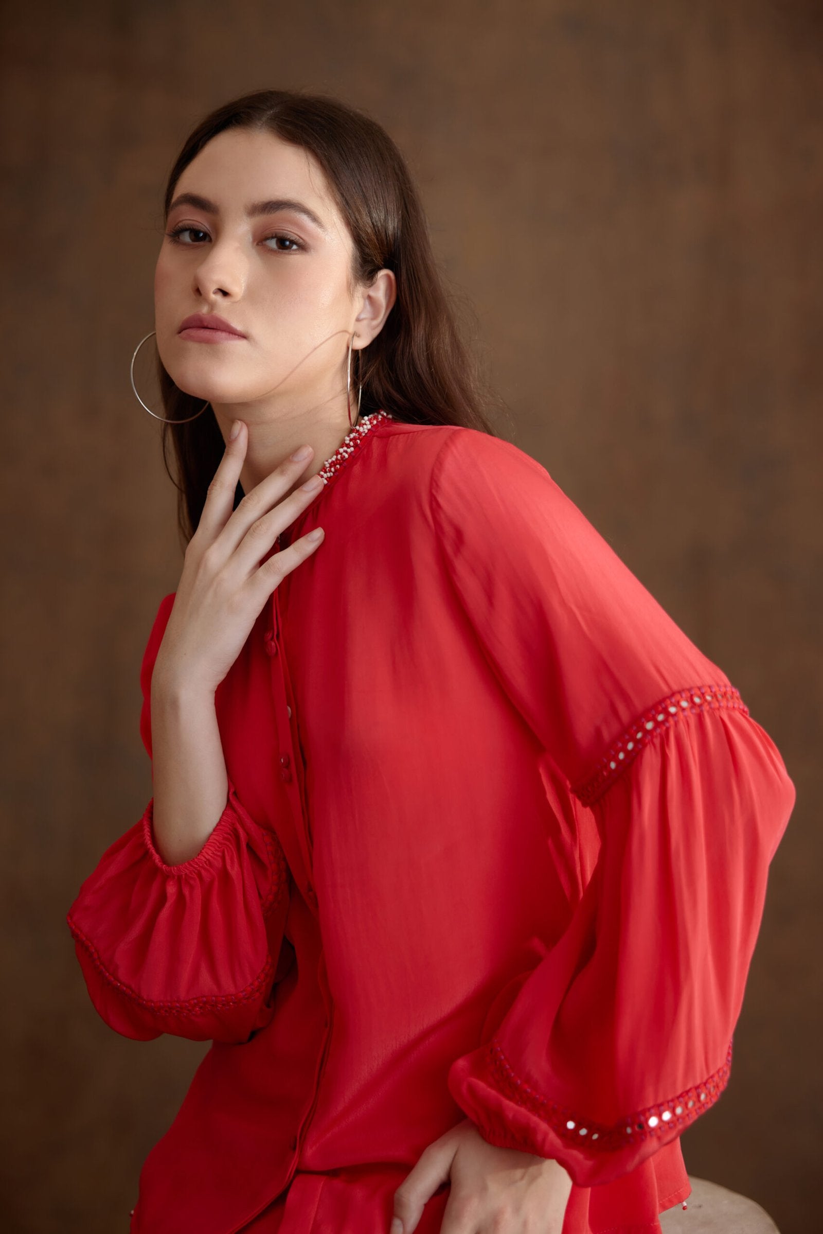 Coral Hand Embroidered Shirt