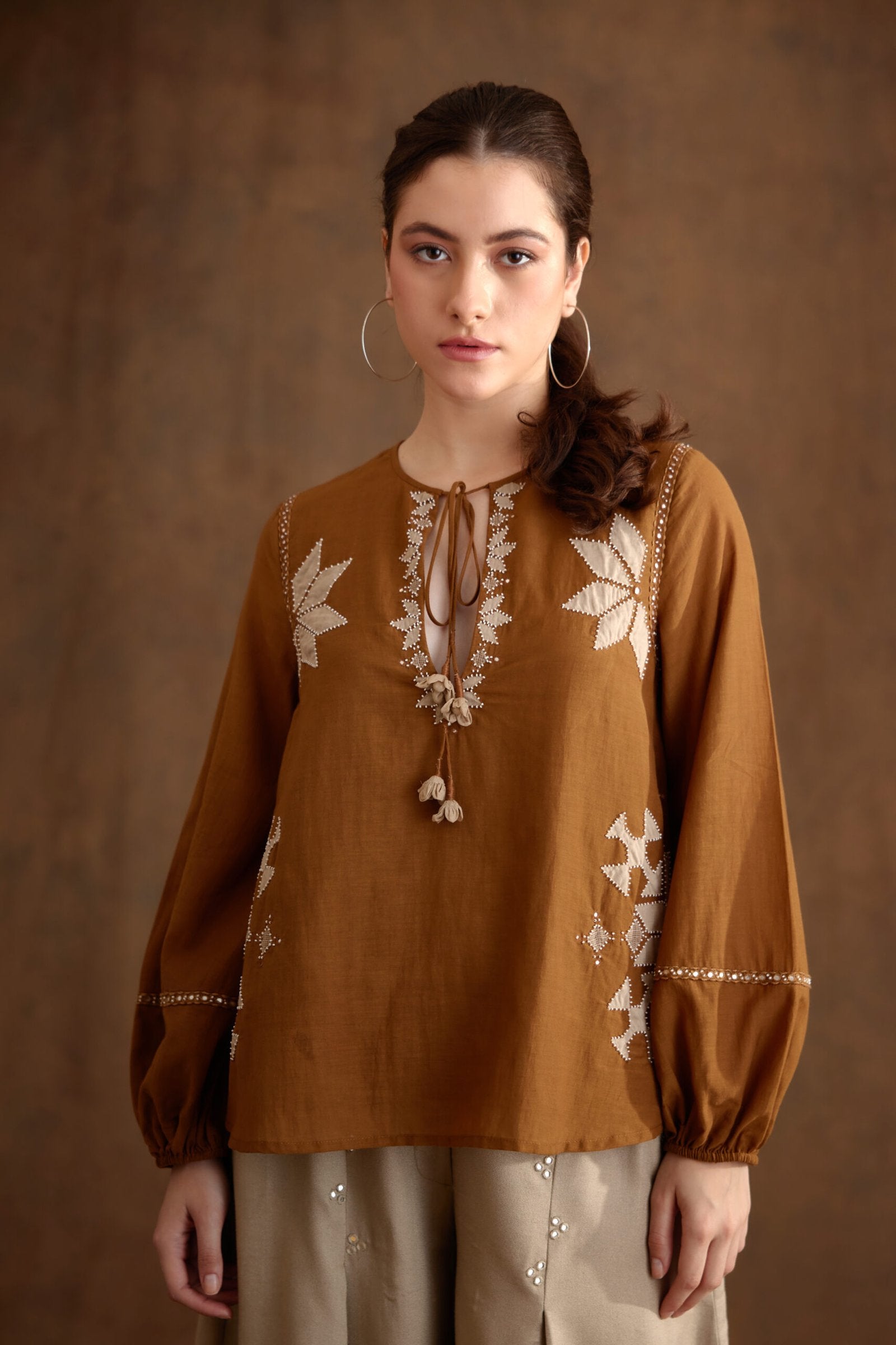 Tobacco Applique Embroidered Top