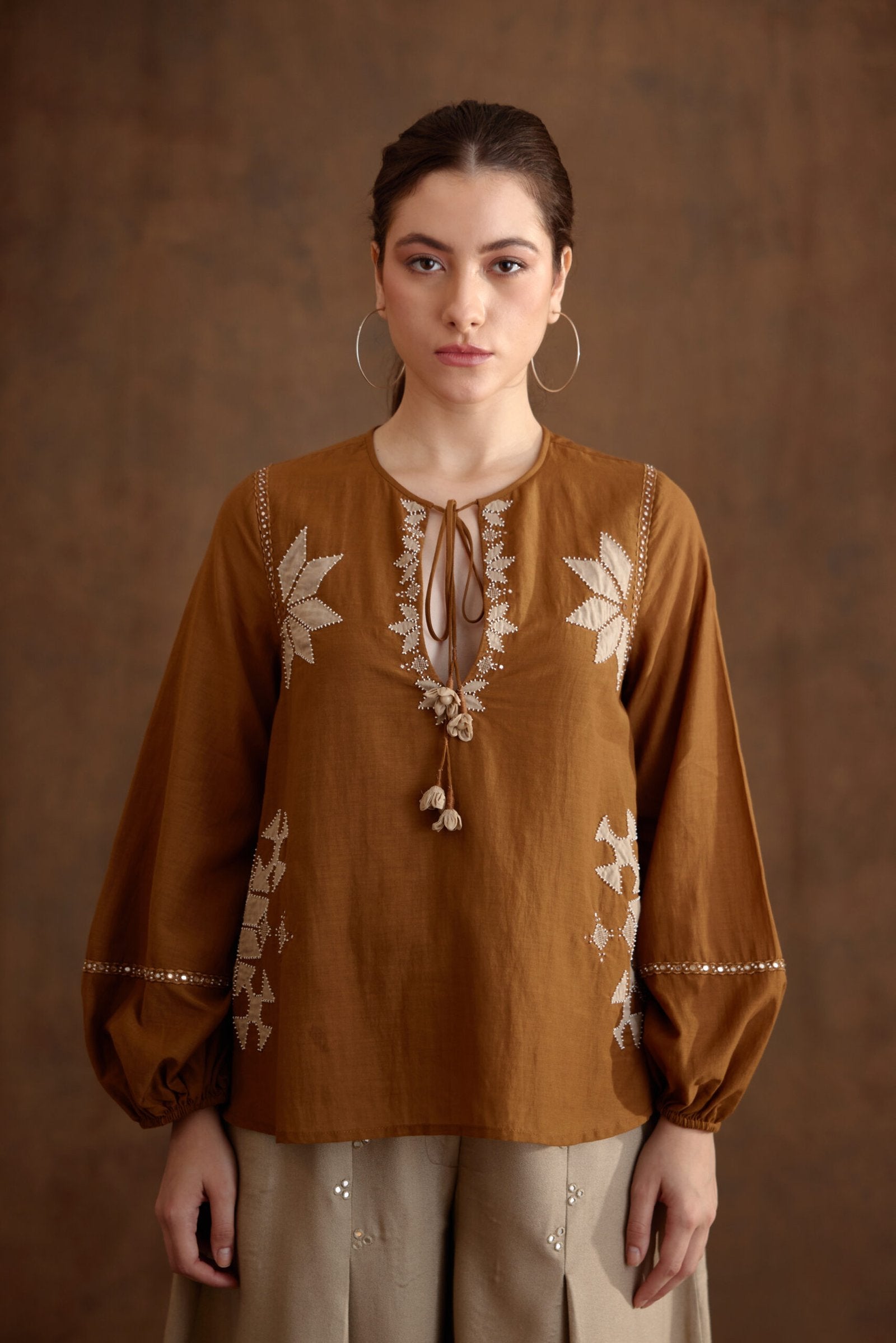 Tobacco Applique Embroidered Top