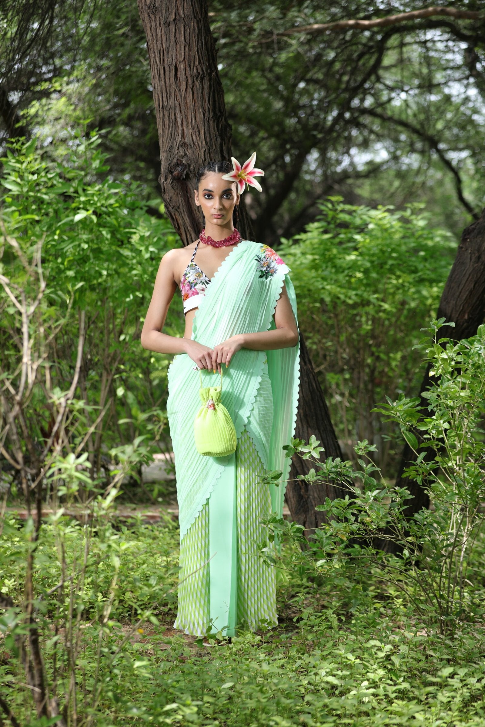 Lime pre-pleated ggt saree with pista palla and printed unstitched blouse fabric