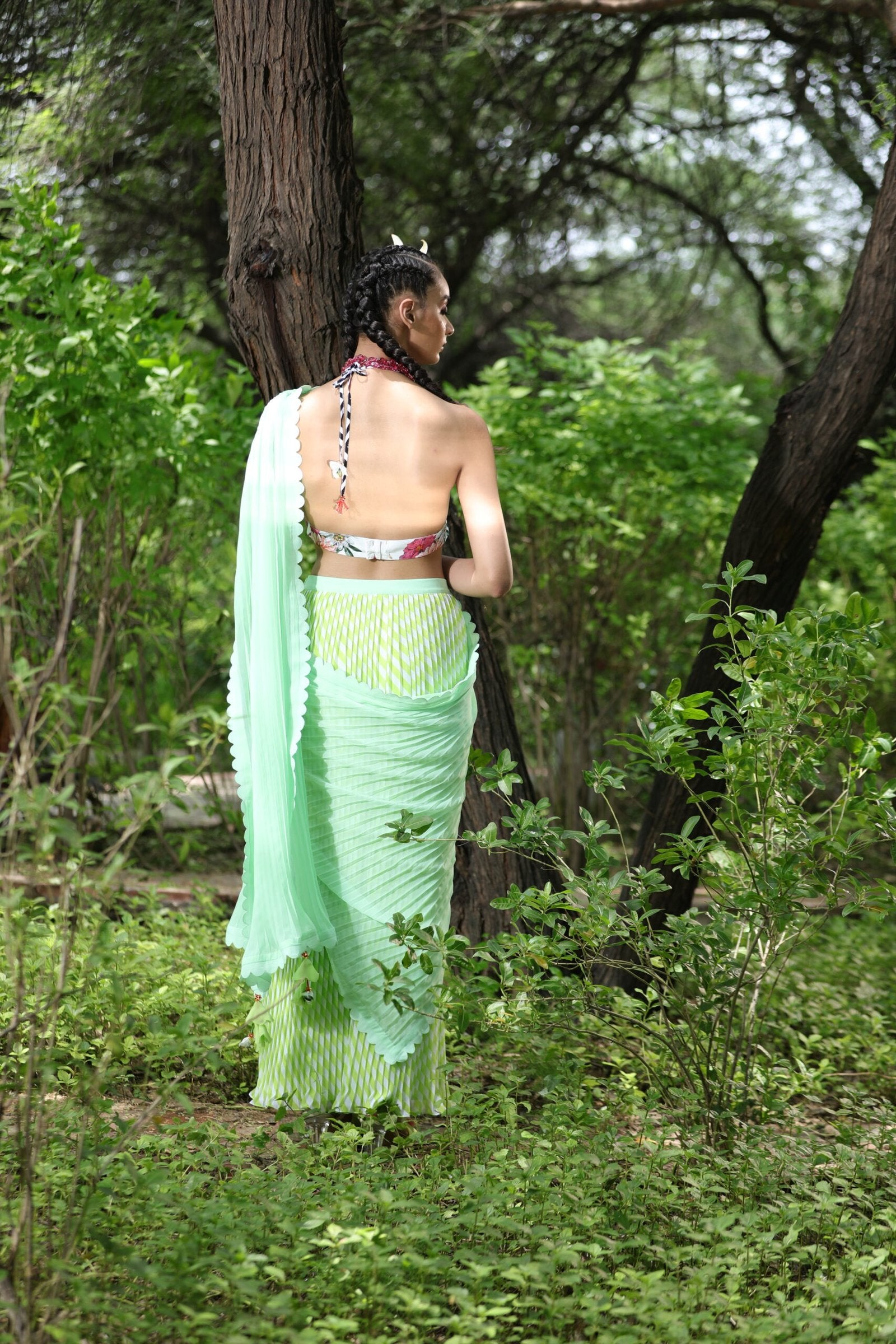 Lime pre-pleated ggt saree with pista palla and printed unstitched blouse fabric