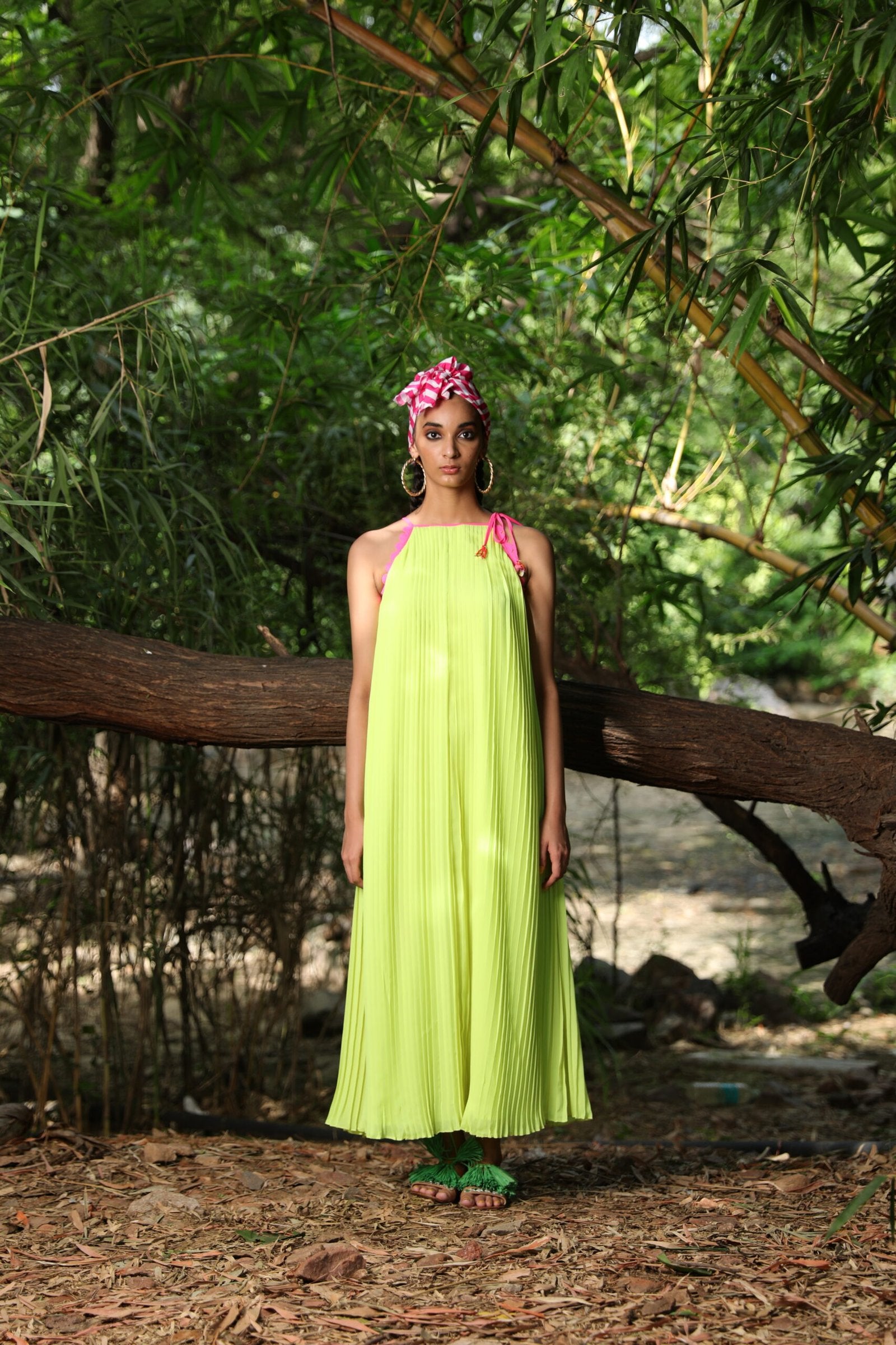 Lime pleated halter georgette dress