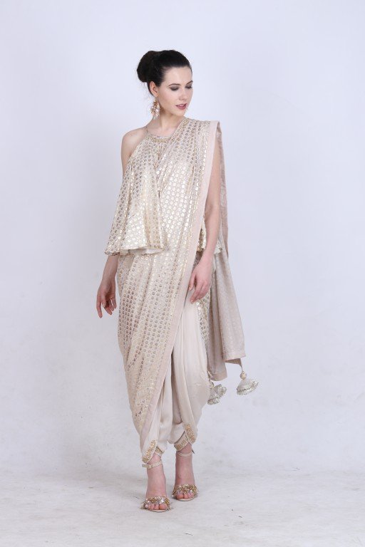 Ghee chotu sangha gold foil printed dhoti saree with a halter neck flaired top