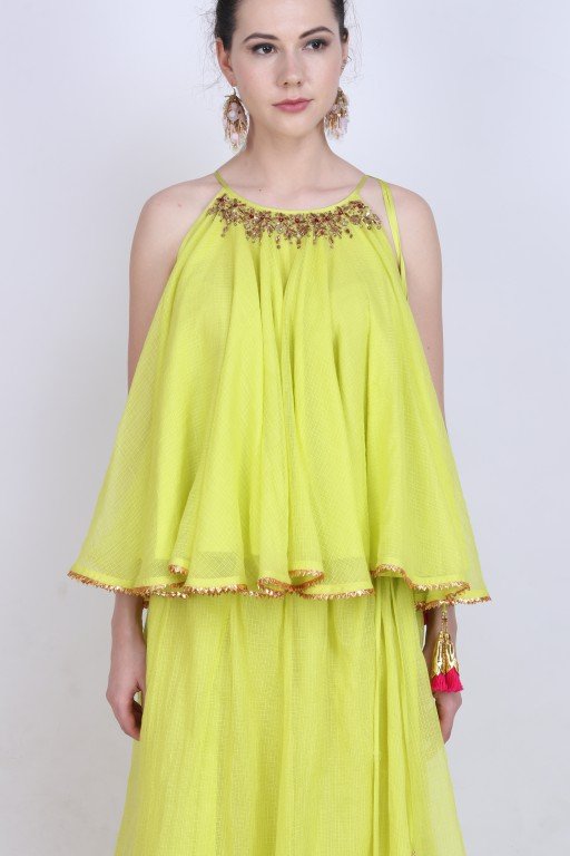 Lime green kota doria halter neck top with a kota doria skirt with gota lace detailing.