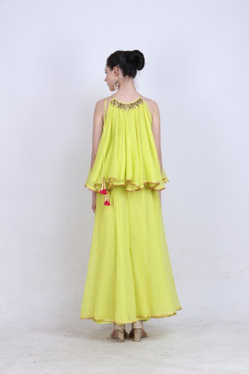 Lime green kota doria halter neck top with a kota doria skirt with gota lace detailing.