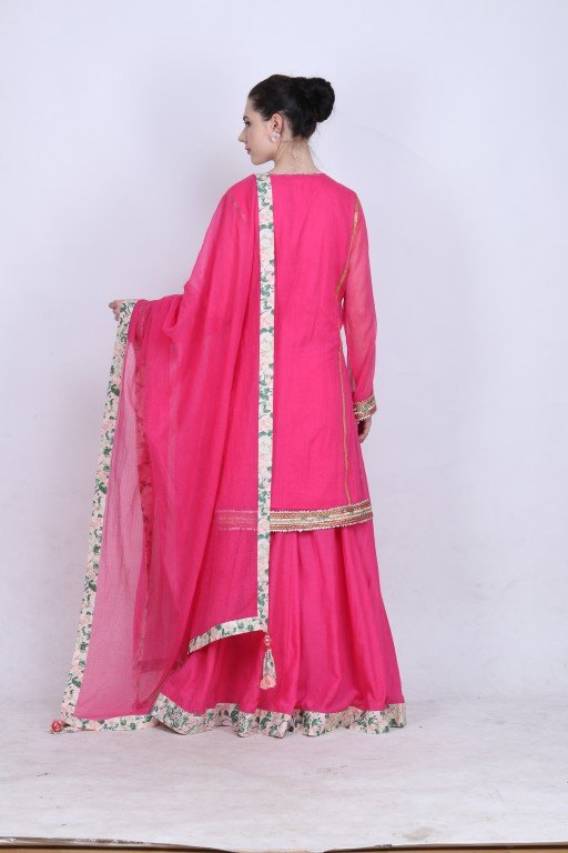Hot pink kota doria kurta with cotton silk skirt and kota doria dupatta.