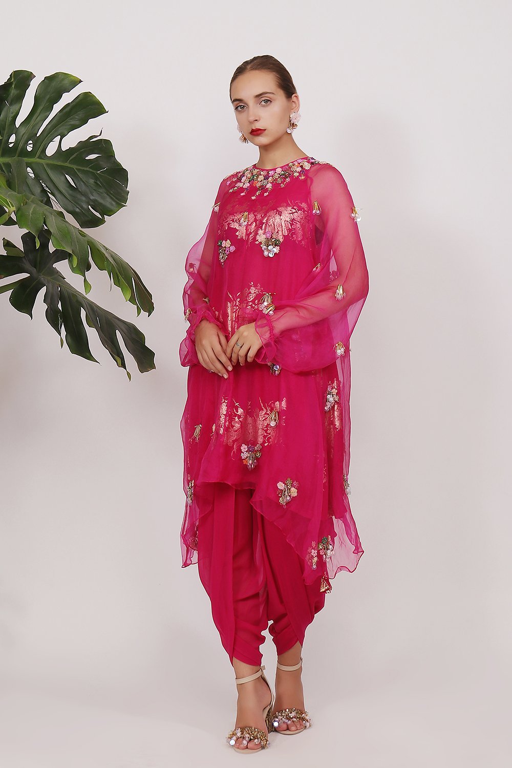 EMBROIDERED TUNIC WITH GOLD PRINTED CAMI WITH COWL DHOTI