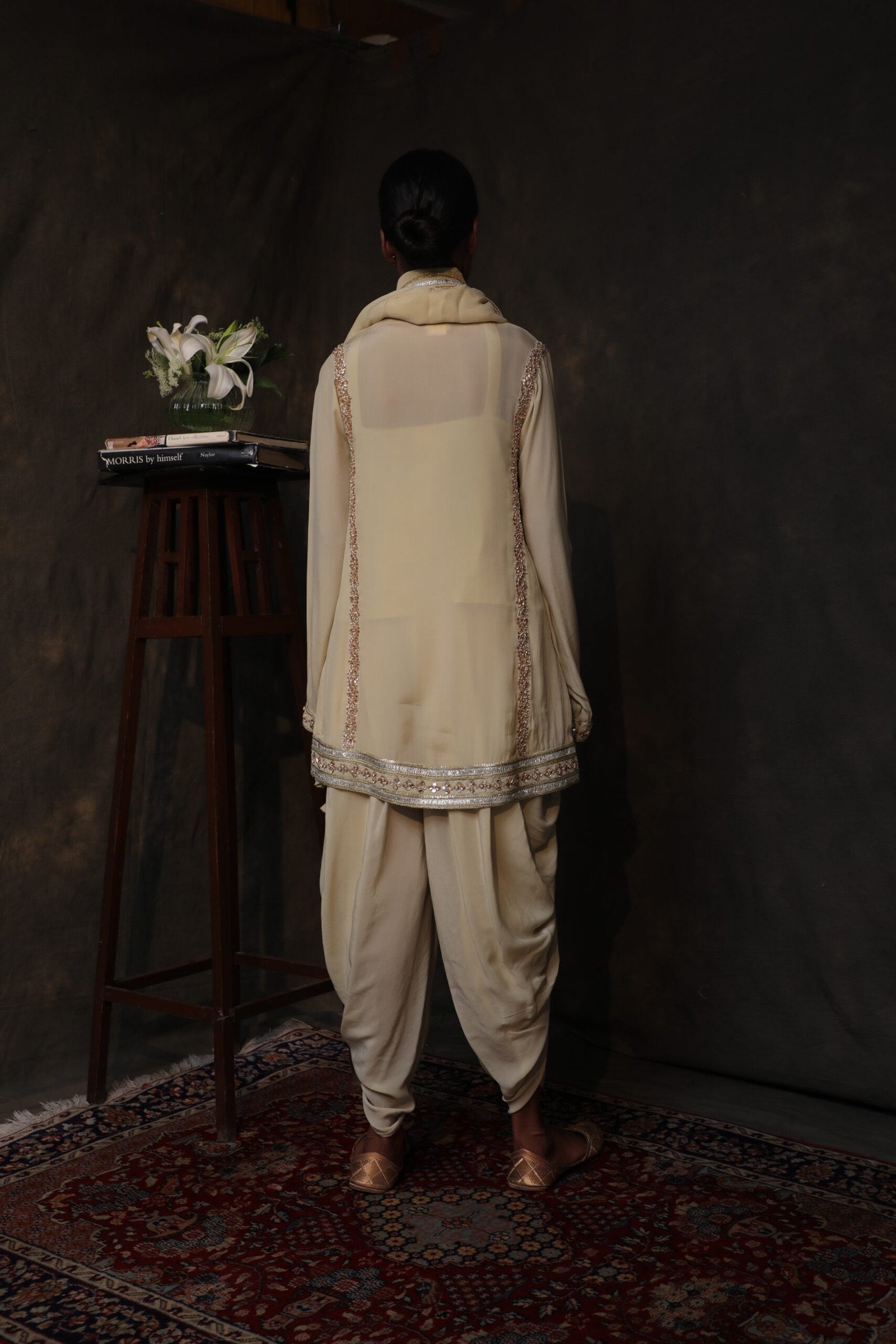 Antique jade crepe kurta with a dhoti and  scarf