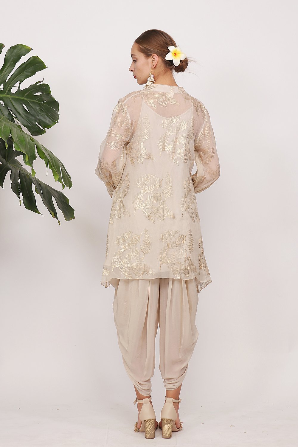 Gold printed asymmetrical tunic with cowl dhoti