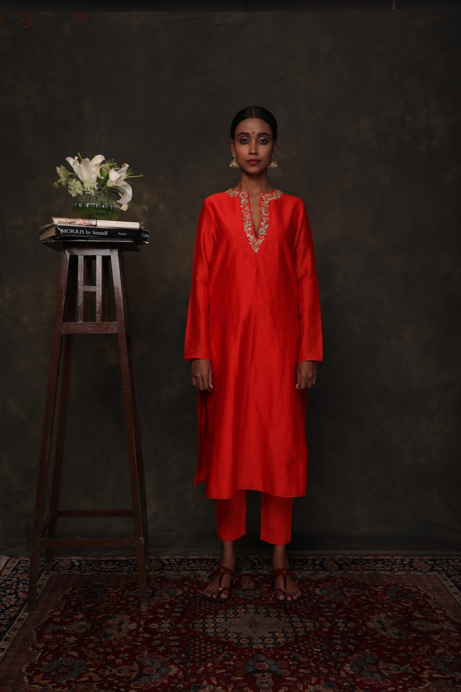 Coral chanderi silk kurta with cropped cigarette pants