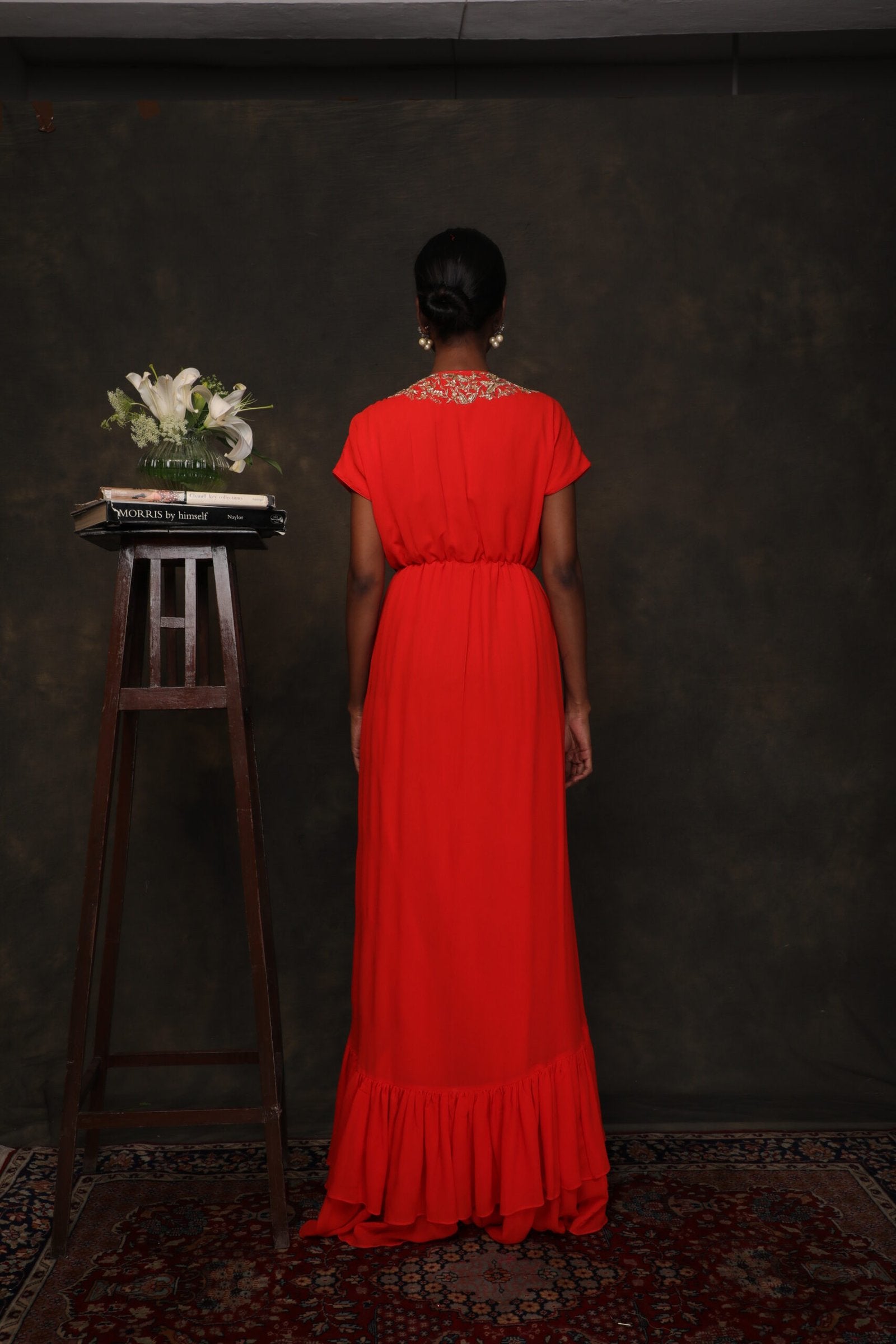 Coral georgette kaftan dress with zardozi embroidery on the neckline