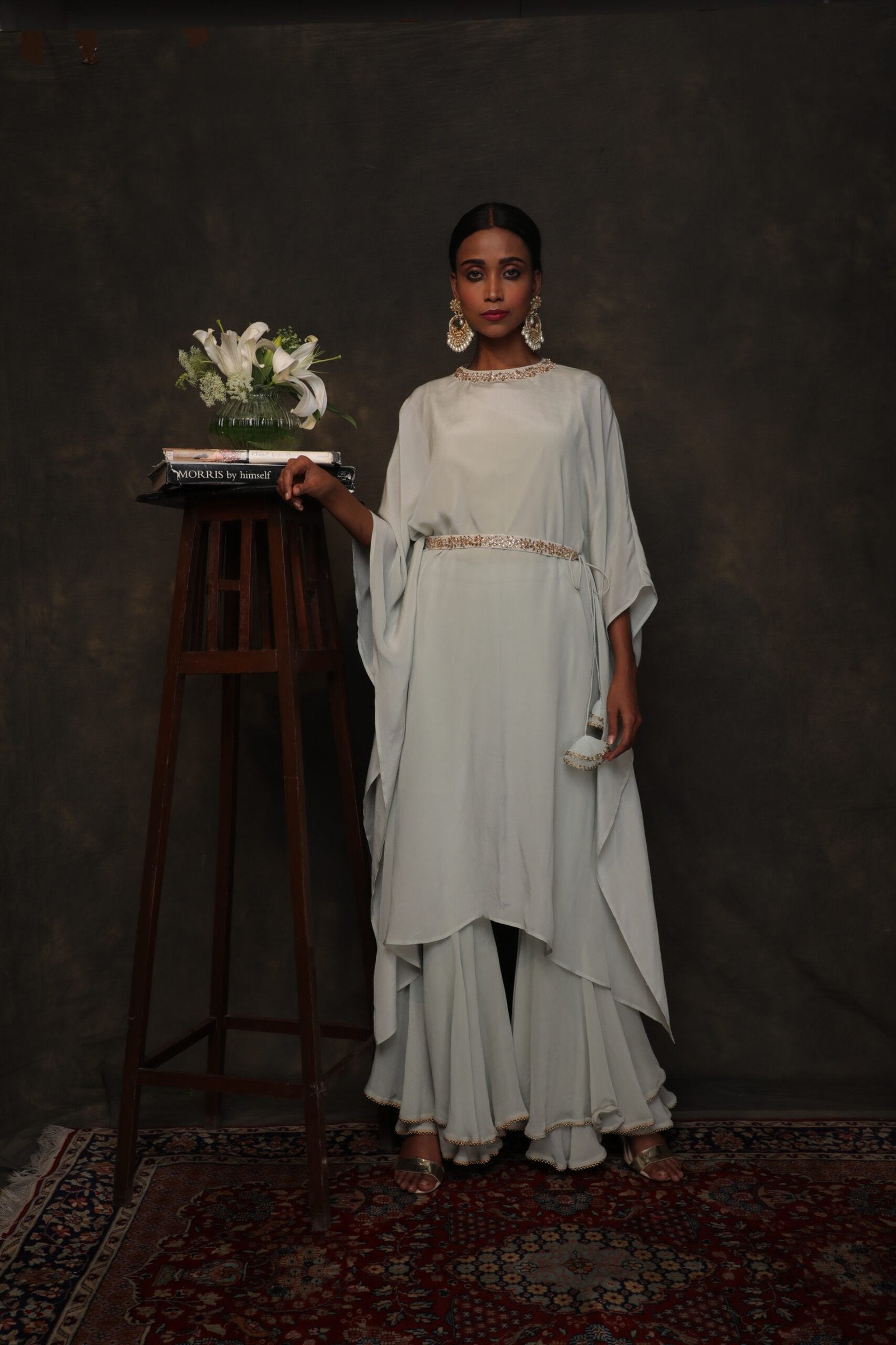 Mint crepe kaftan with double layered sharara and embroidered belt