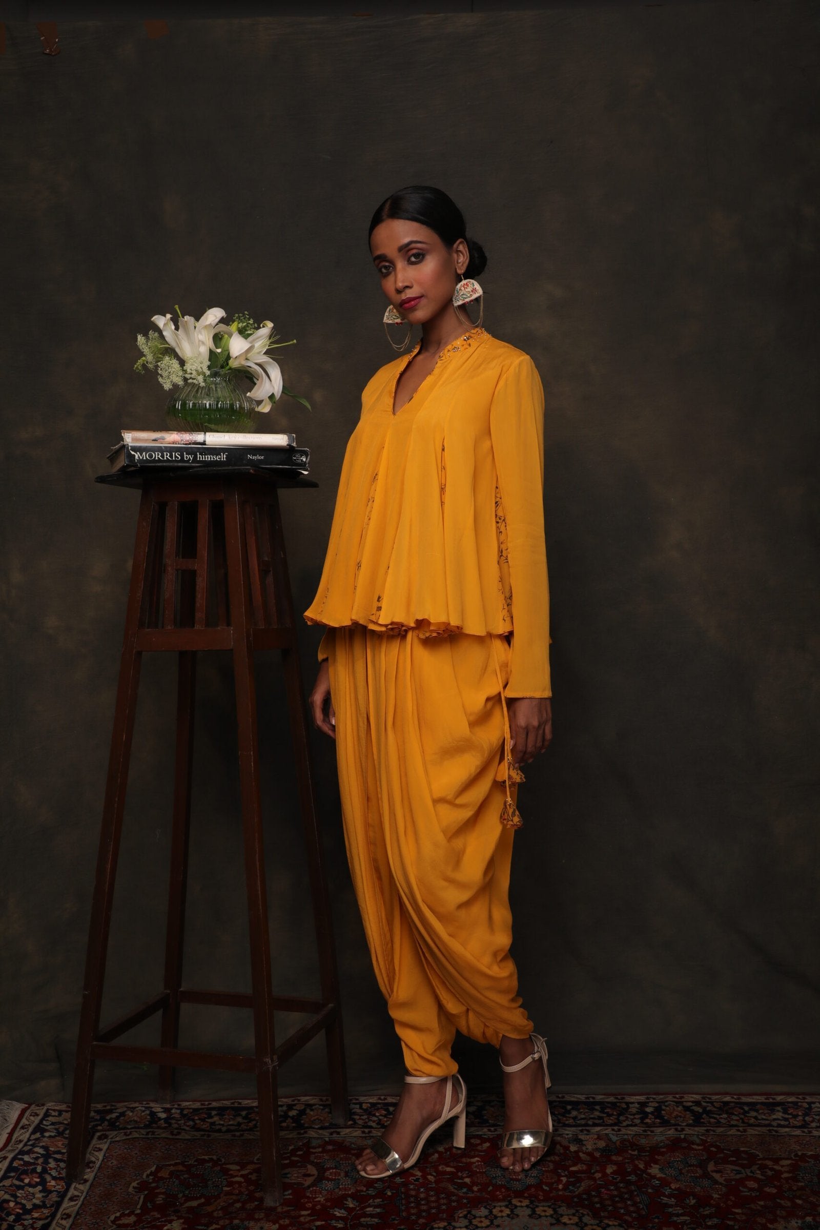 Lilly ochre crepe pannel top paired with a dhoti pant