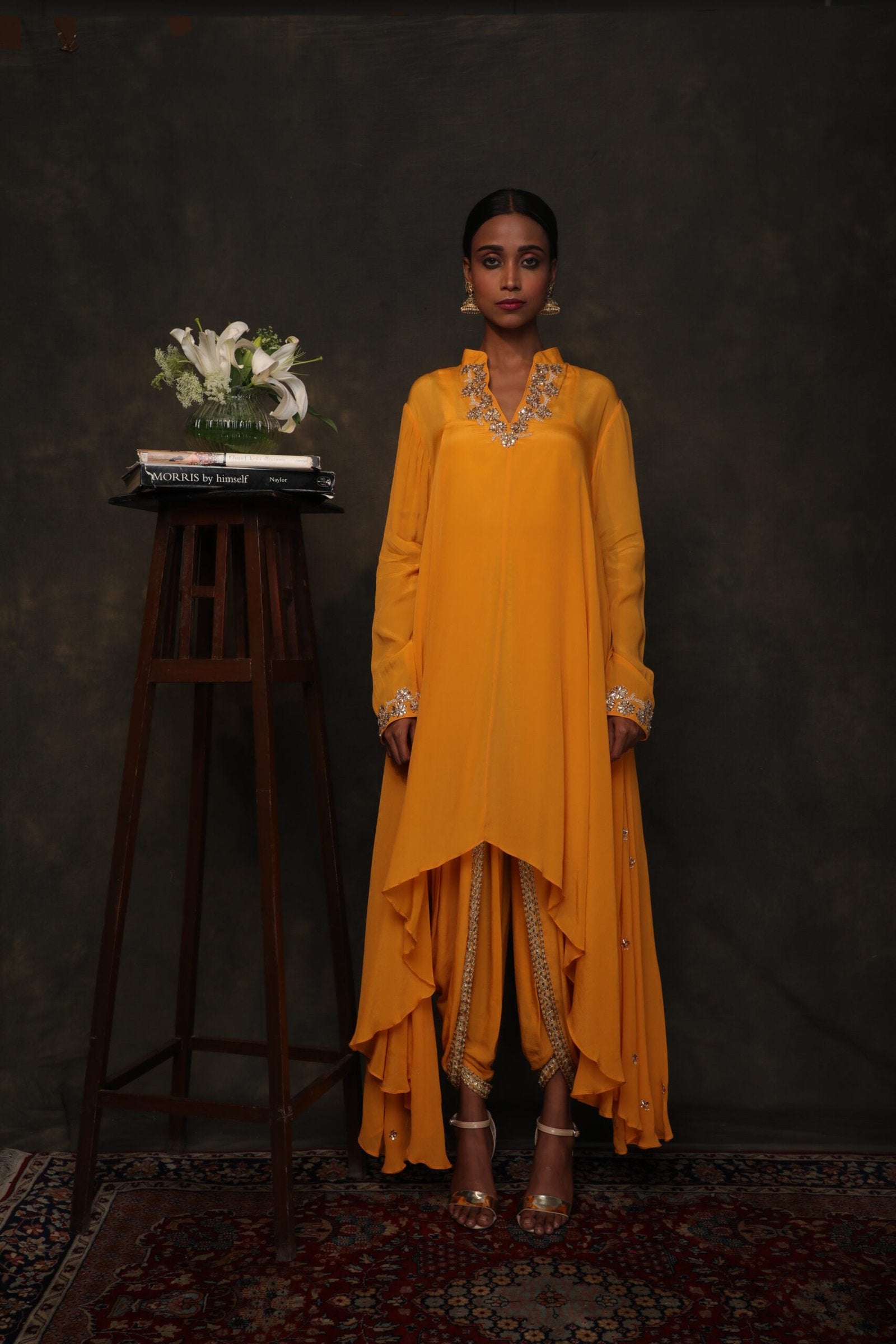 Lily ochre crepe asymmetrical tunic with a dhoti