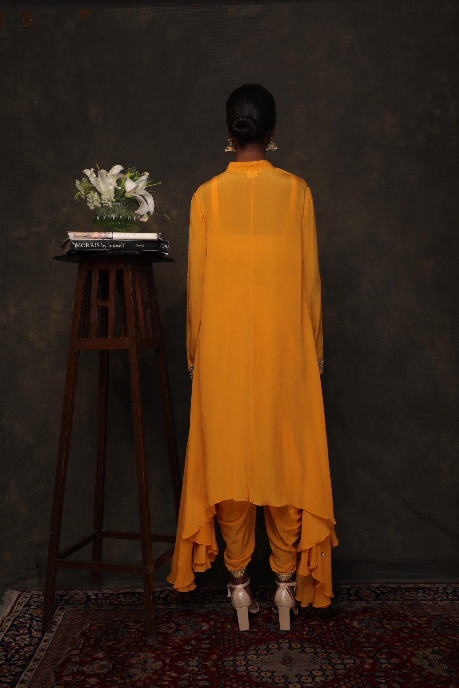 Lily ochre crepe asymmetrical tunic with a dhoti