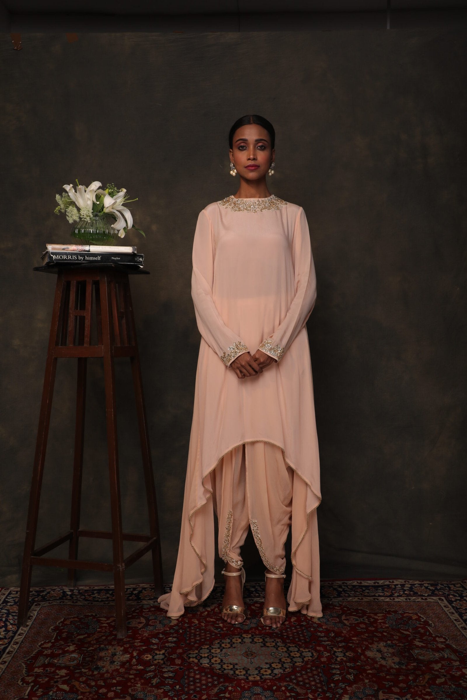 Light tobacco crepe asymmetrical tunic with dhoti pants