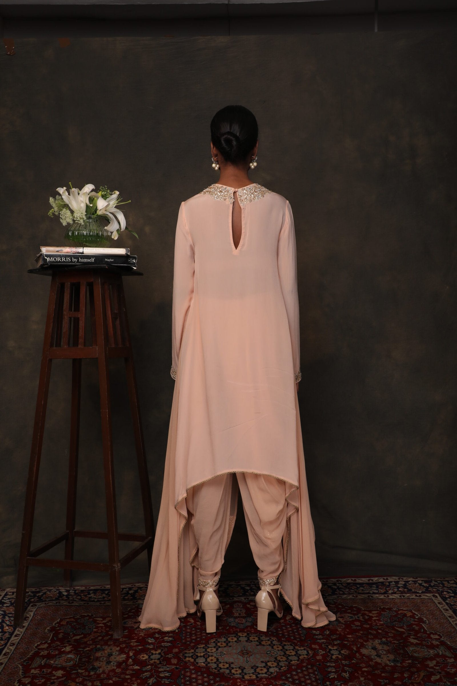 Light tobacco crepe asymmetrical tunic with dhoti pants