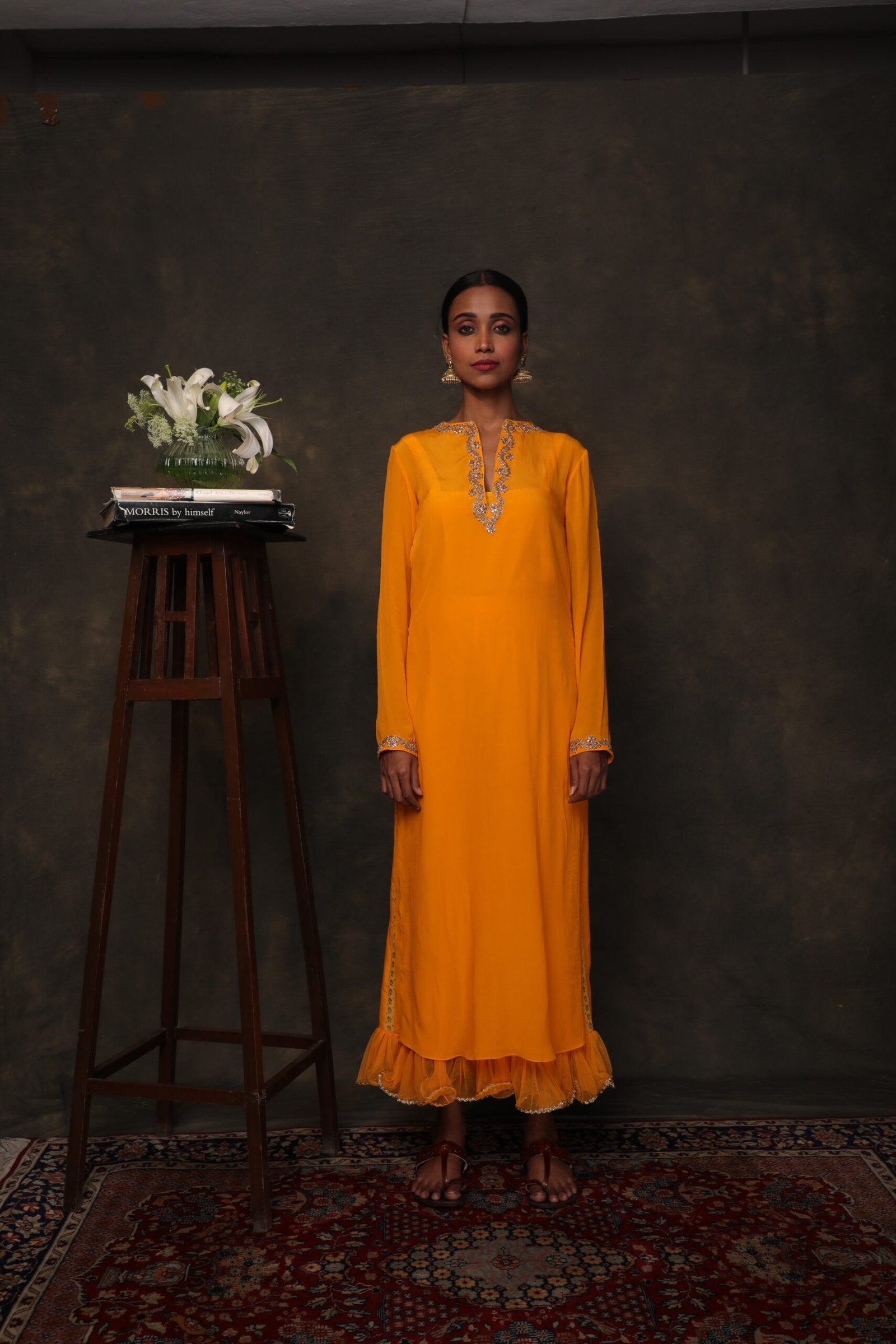 Lily ochre silk kurta embroidered with a cropped pants with frilled edges