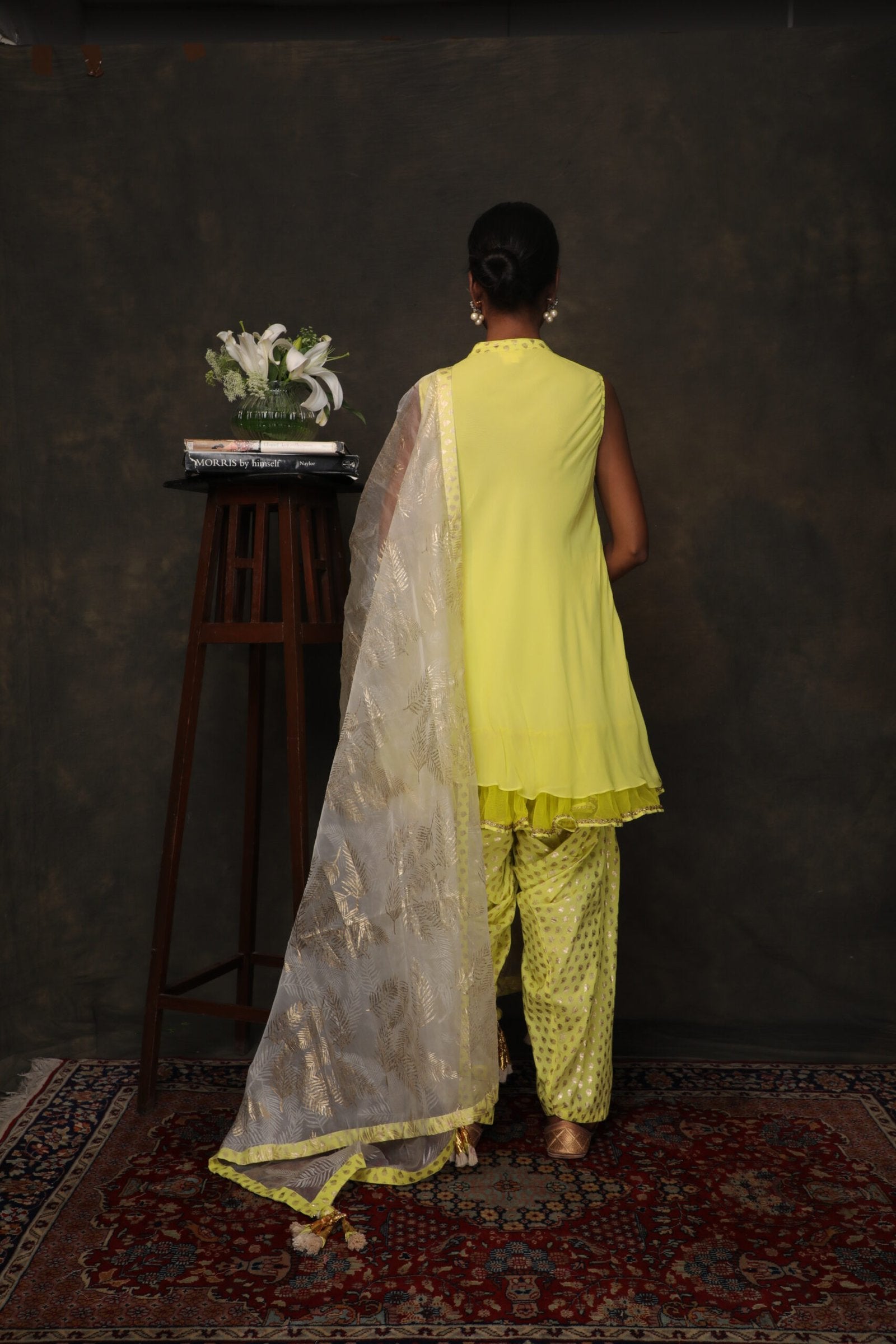 Lime green crepe tunic  with semi pataila and  ghee organza dupatta