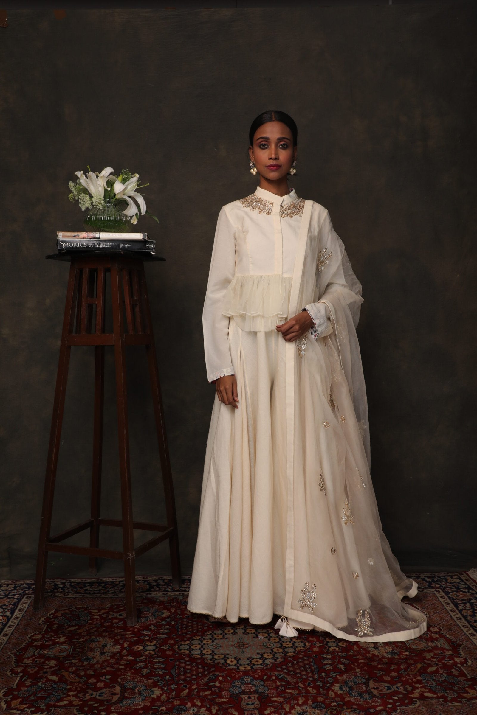 Ivory Crepe top with crepe sharara and embroidered organza dupatta