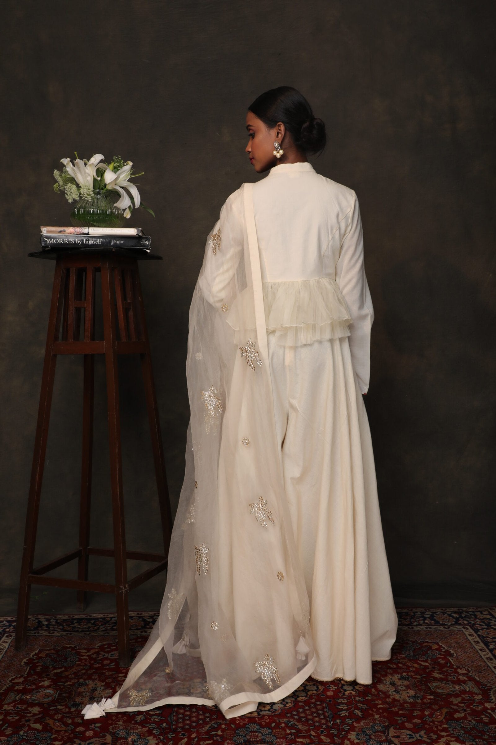 Ivory Crepe top with crepe sharara and embroidered organza dupatta
