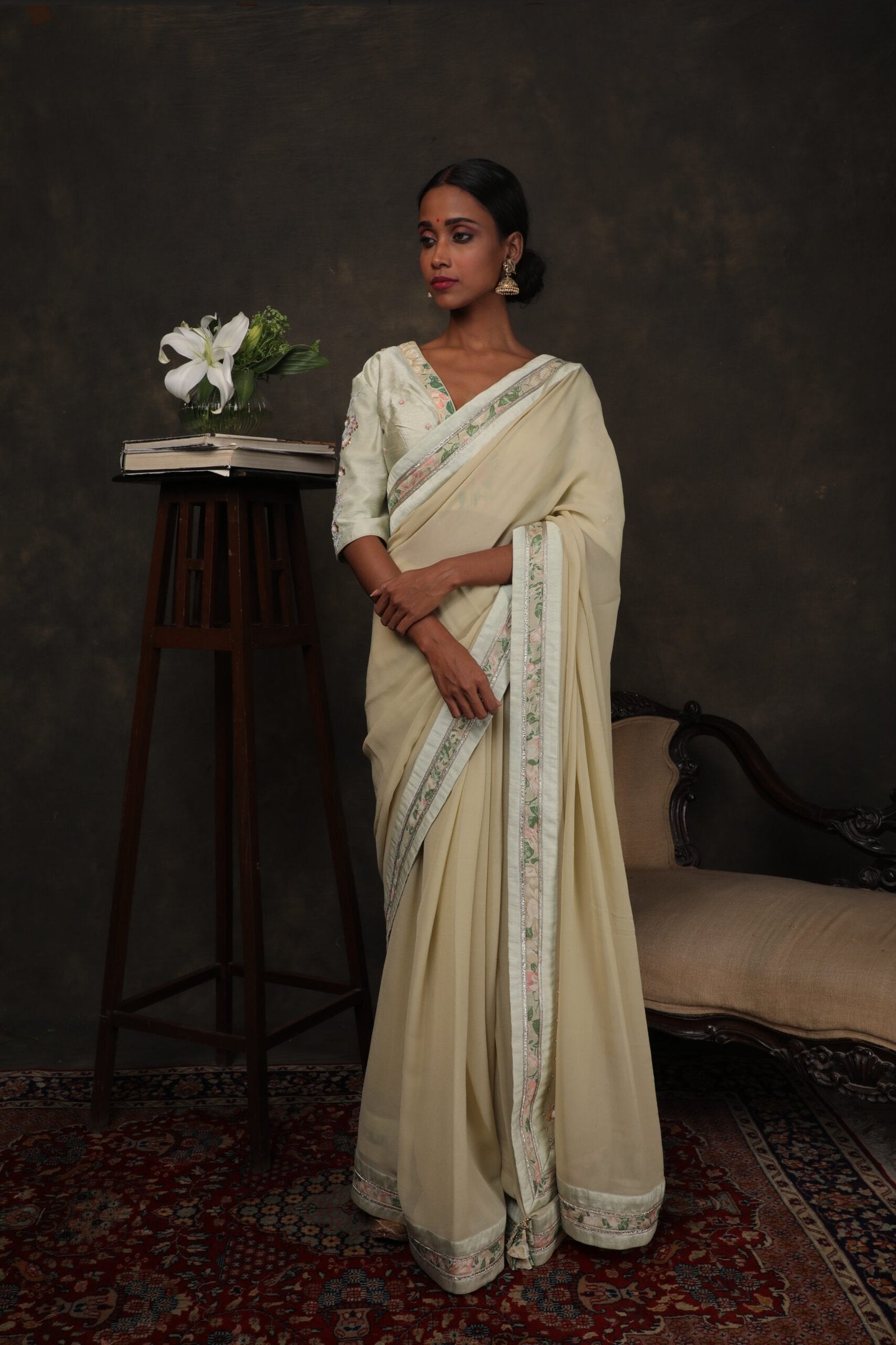 Antique jade georgette saree and hand printed border with rawsilk blouse