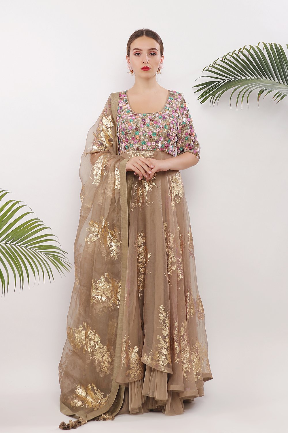Embroidered yoke and gold printed ghera with dupatta and churidaar