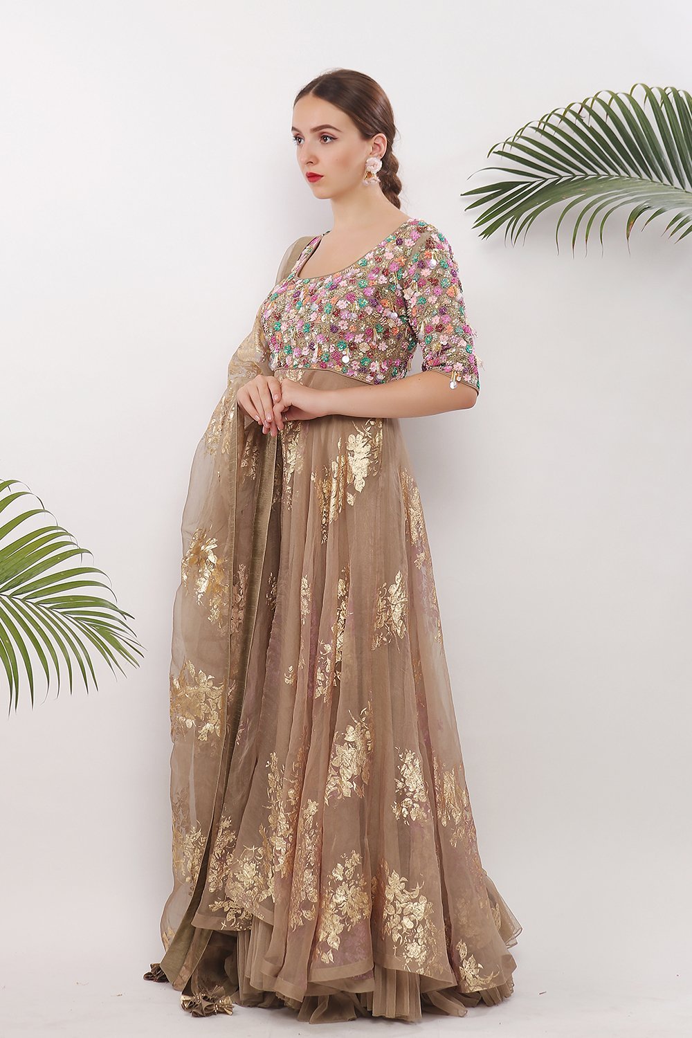 Embroidered yoke and gold printed ghera with dupatta and churidaar