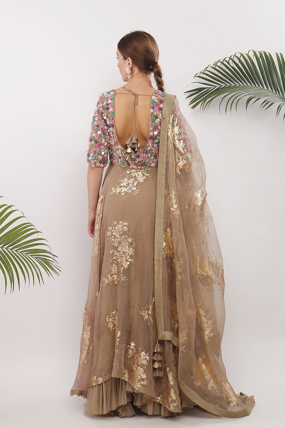Embroidered yoke and gold printed ghera with dupatta and churidaar