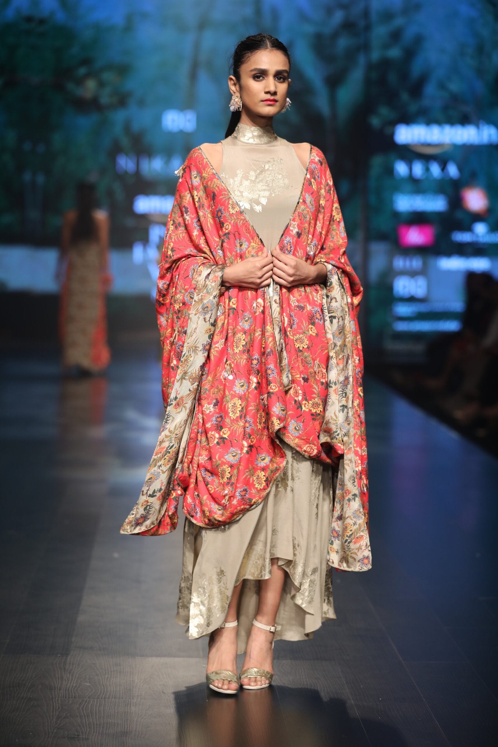 Bibi badal printed asymtical dress with laal jaal cape