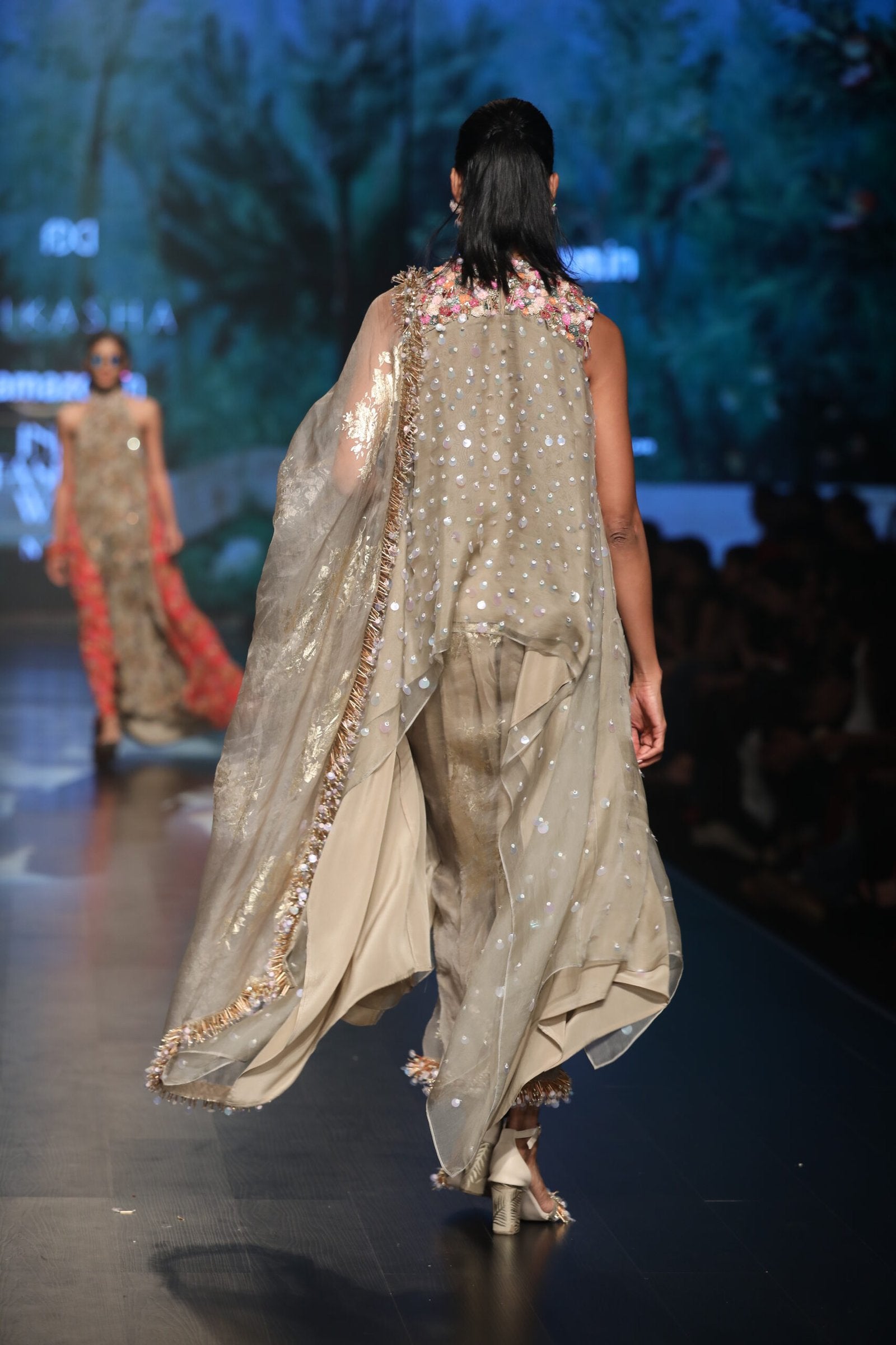 Asyemtical top with gold printed cowl dhoti sari