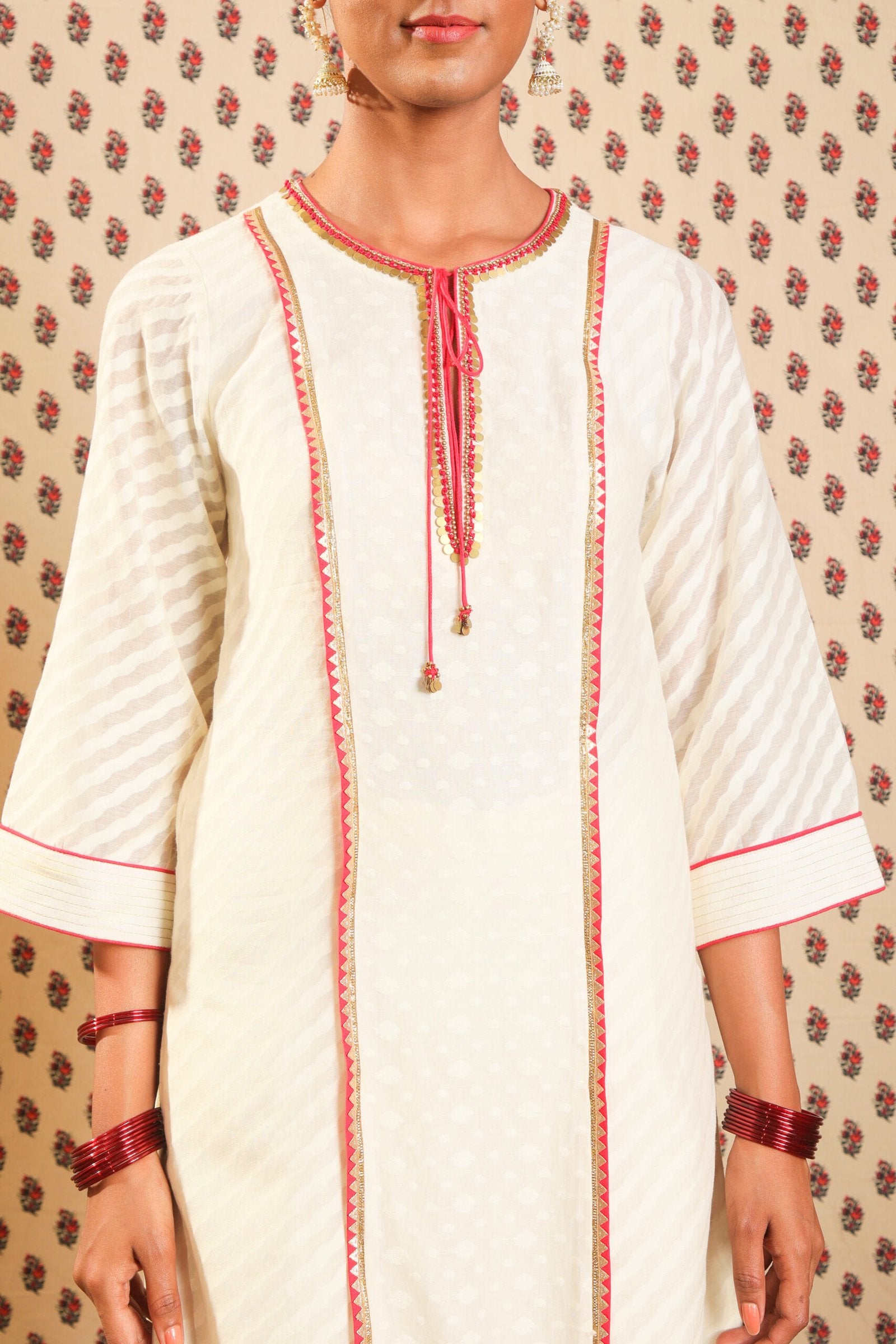 Ivory hand woven chanderi kurta with pants and dupatta