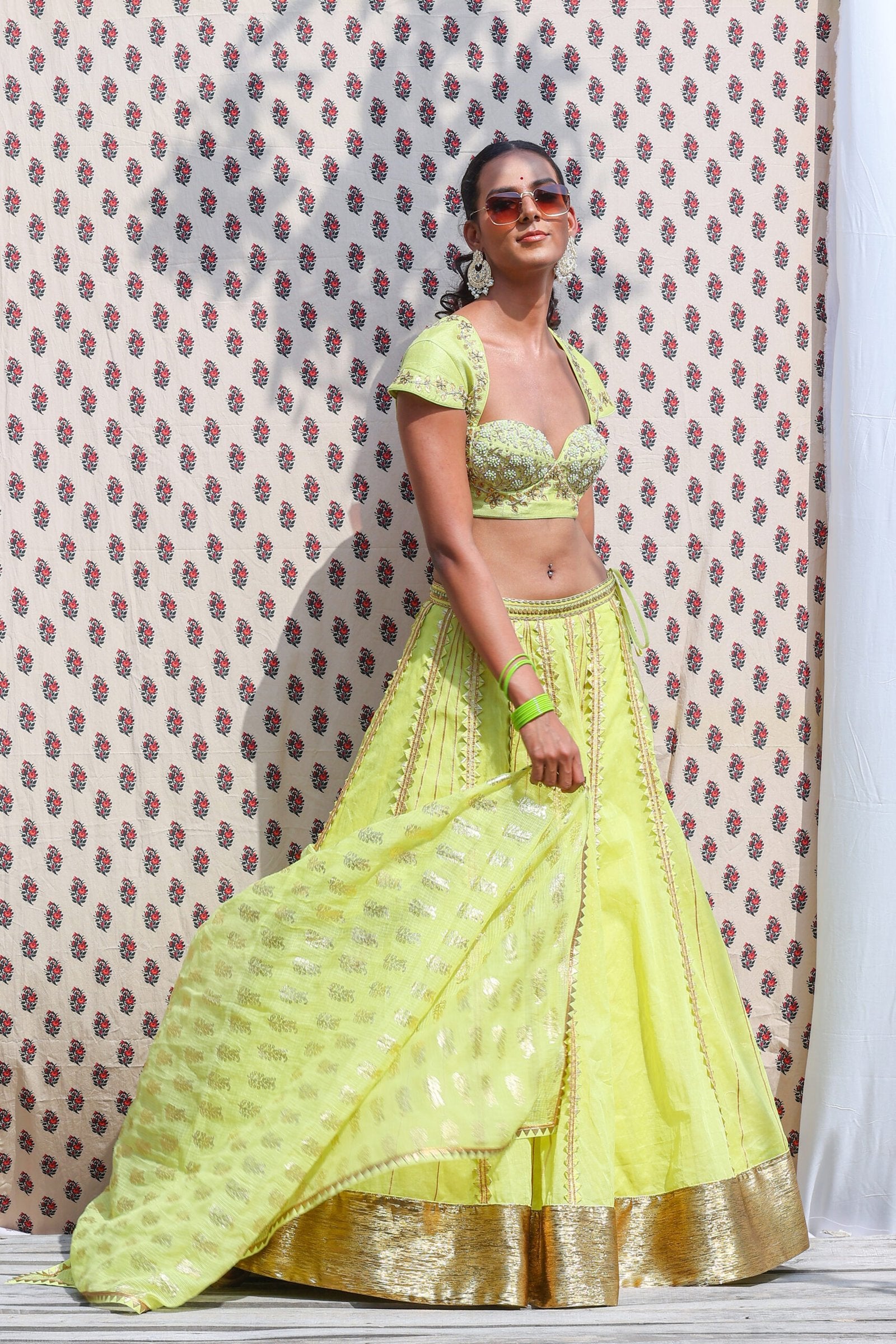 Lime green cotton silk emb blouse with organdi lehenga and dupatta