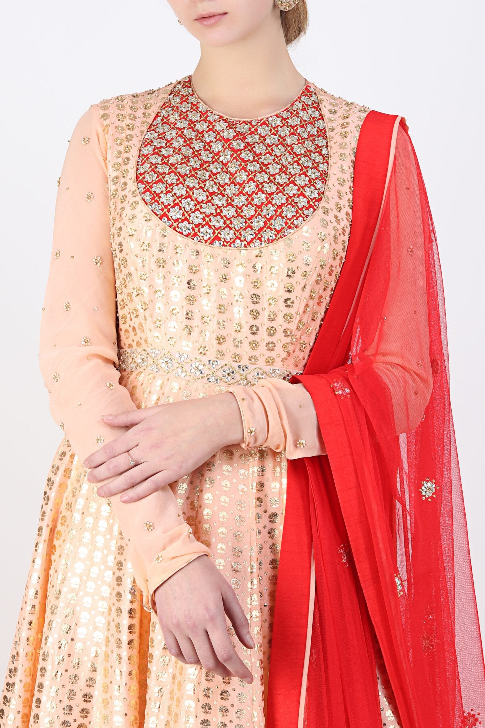 gold printed embroidered kalidar with dupatta and churidar.