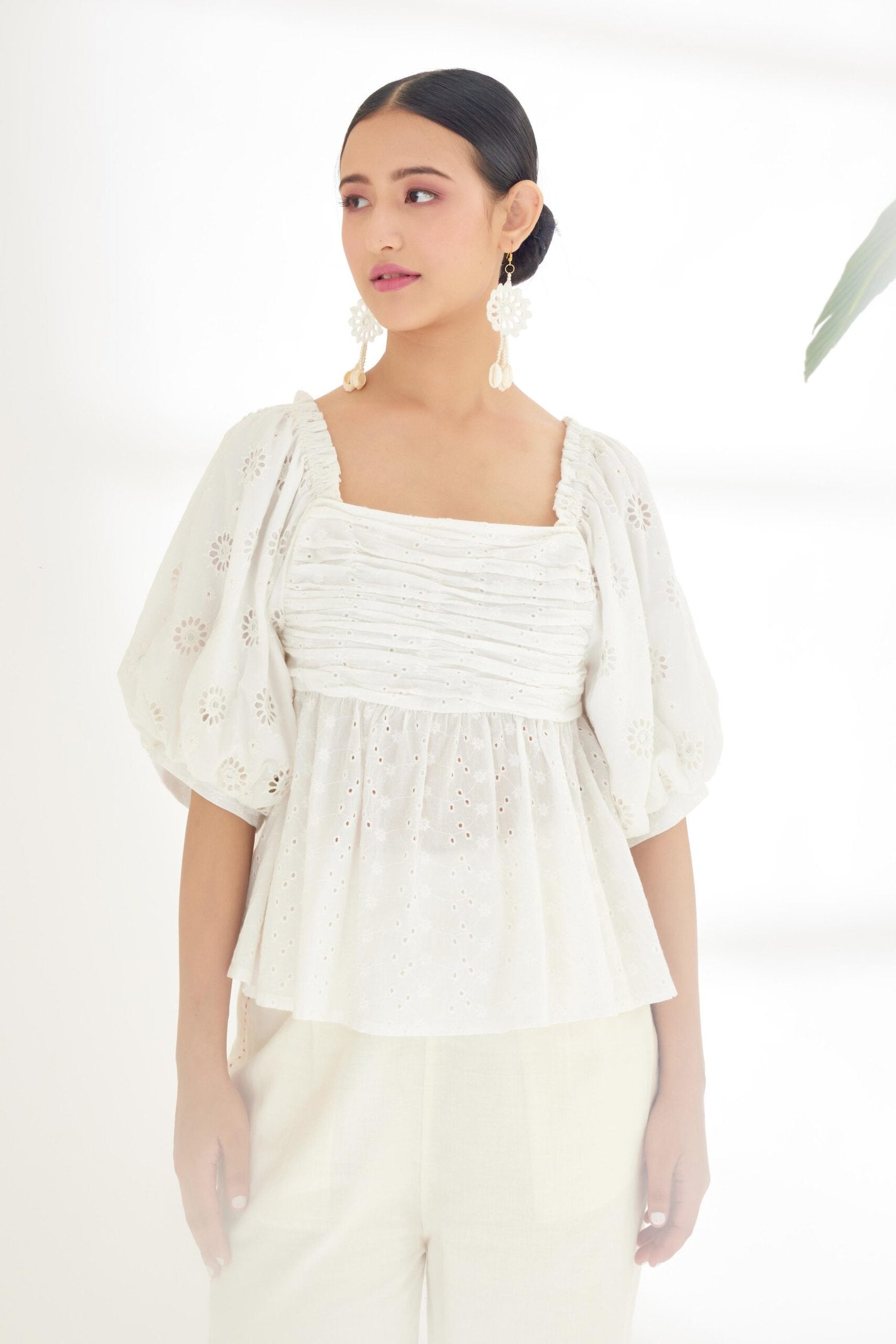 Ivory hand embroidered mirror work bubble sleeve Top