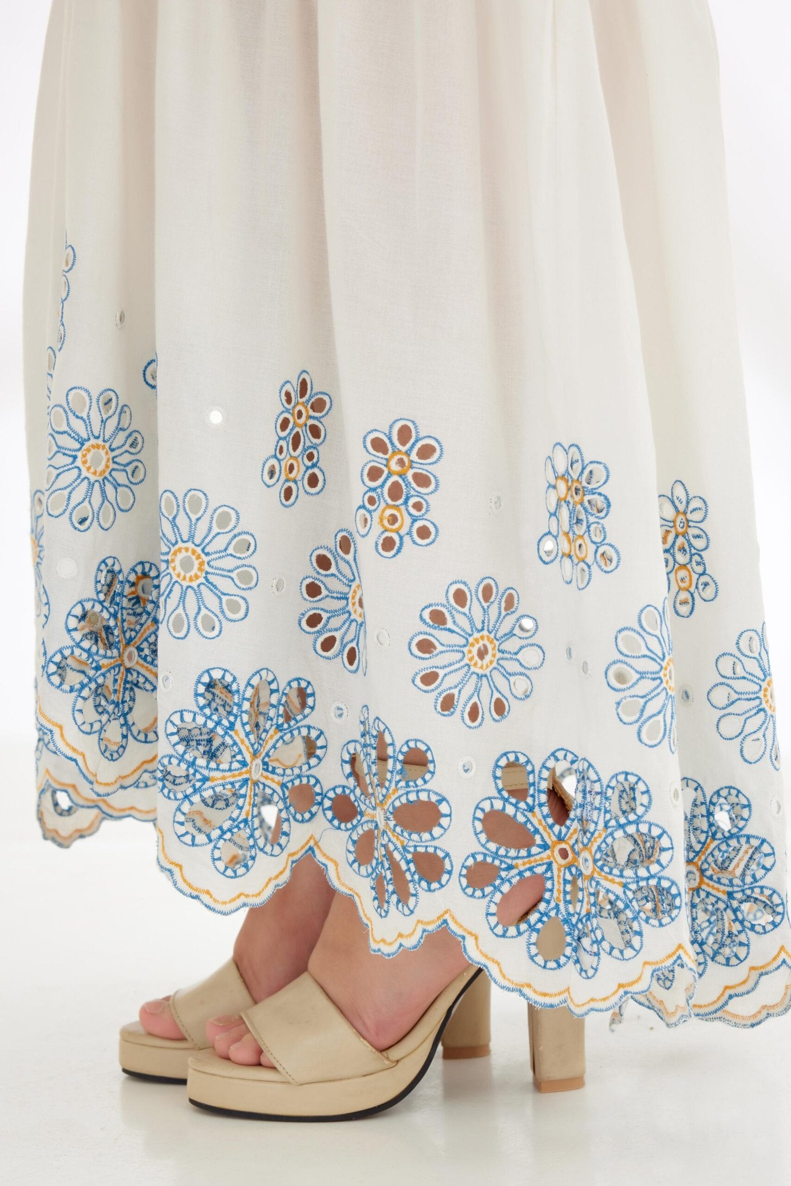 Ivory hand embroidered mirror work schiffli Tier Dress