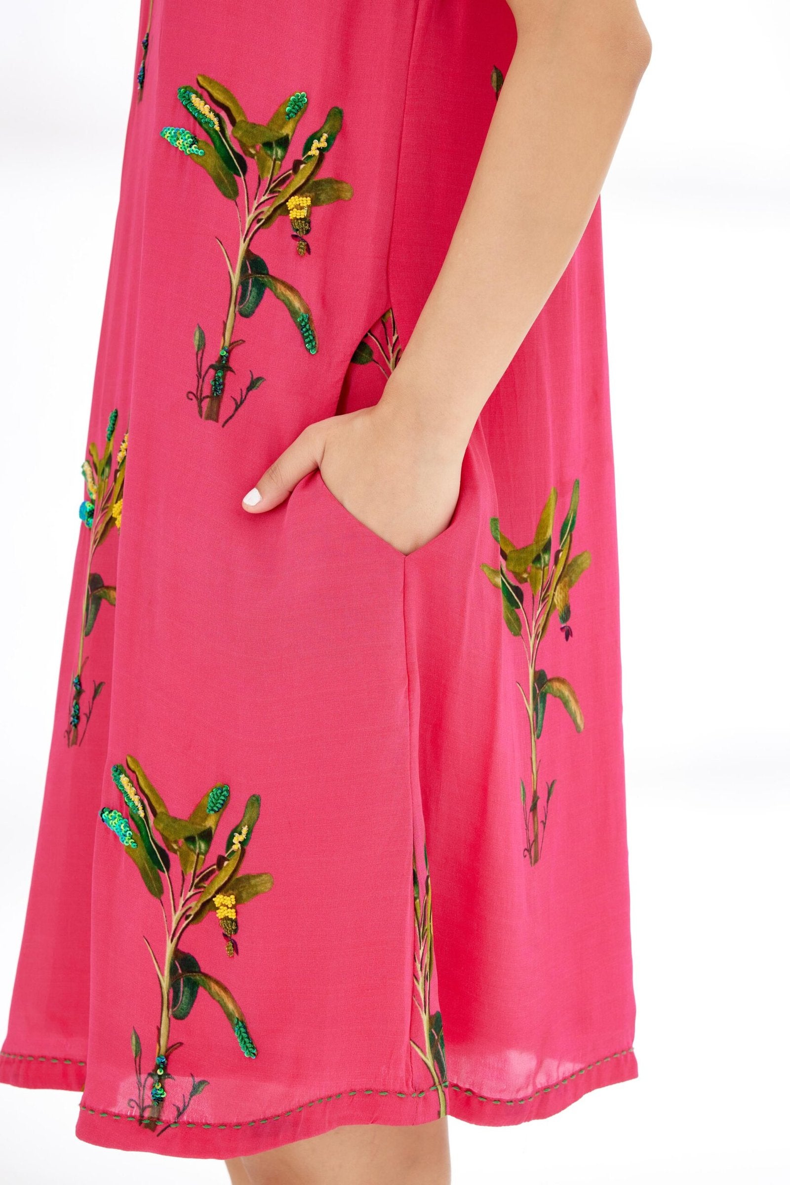 Fuschia Pink Hand painted Banana Tree Print Shift Dress