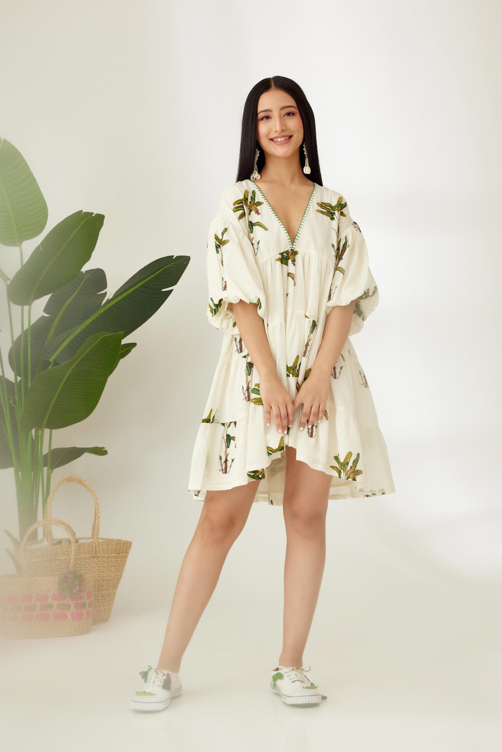 Off-White Hand painted Banana Tree Print Tier Short Dress