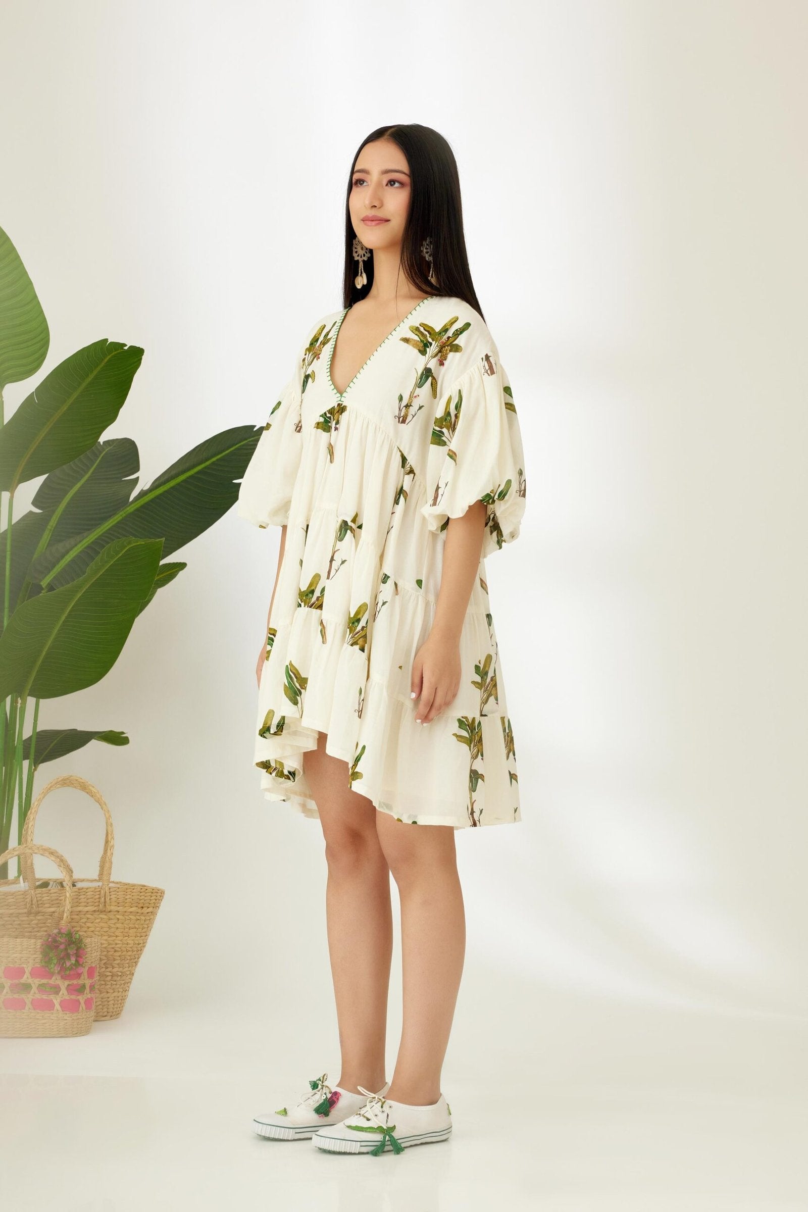 Off-White Hand painted Banana Tree Print Tier Short Dress