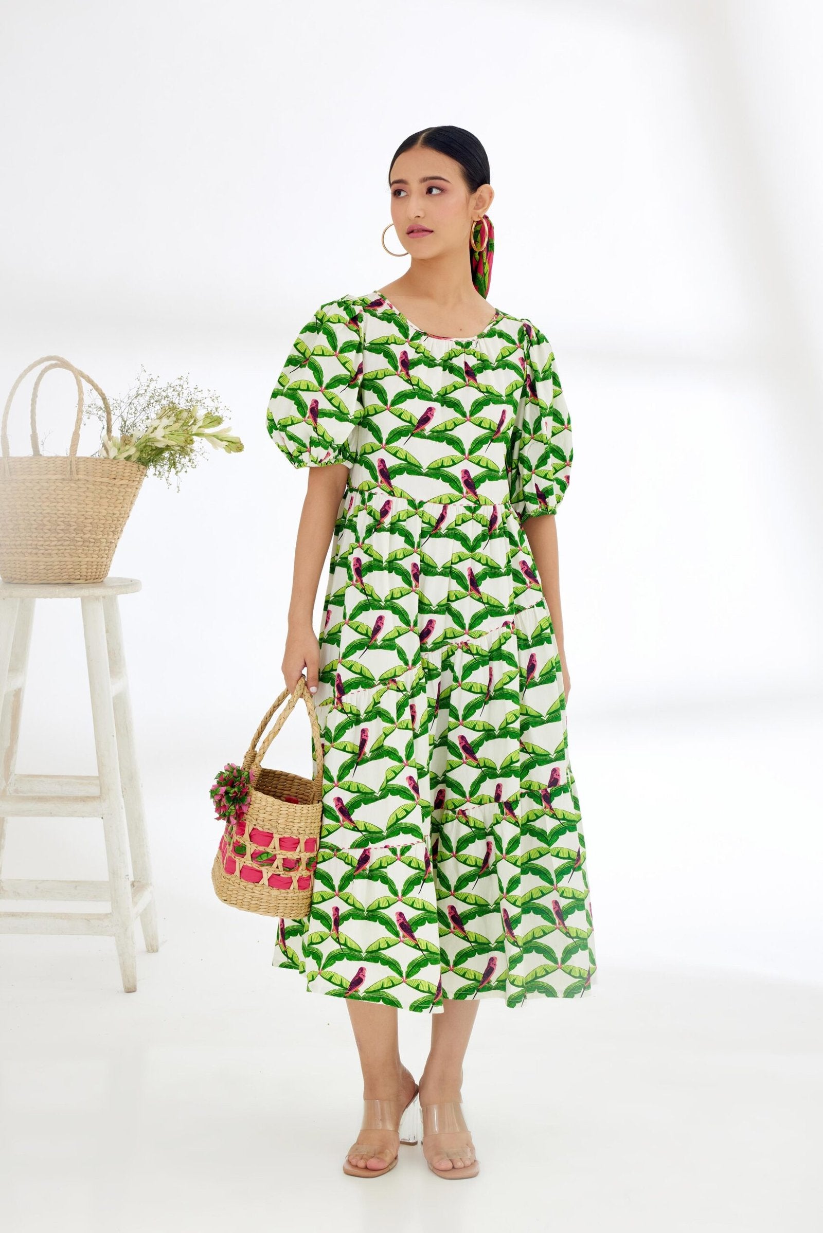 Off-White Hand painted Parakeet Print bubble sleeve Tier Dress