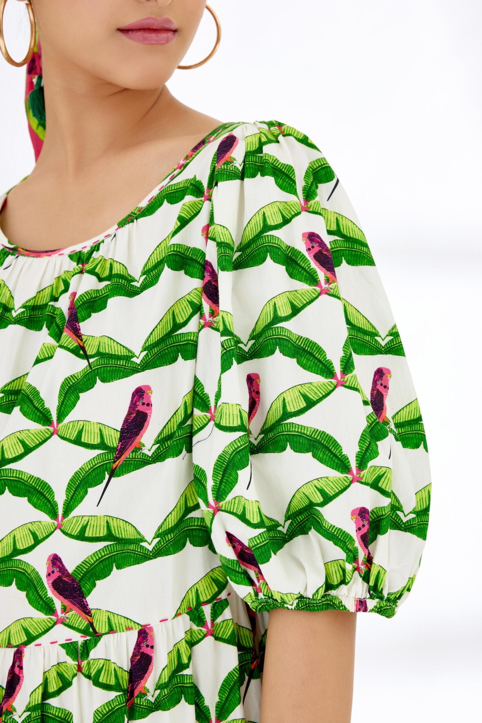 Off-White Hand painted Parakeet Print bubble sleeve Tier Dress