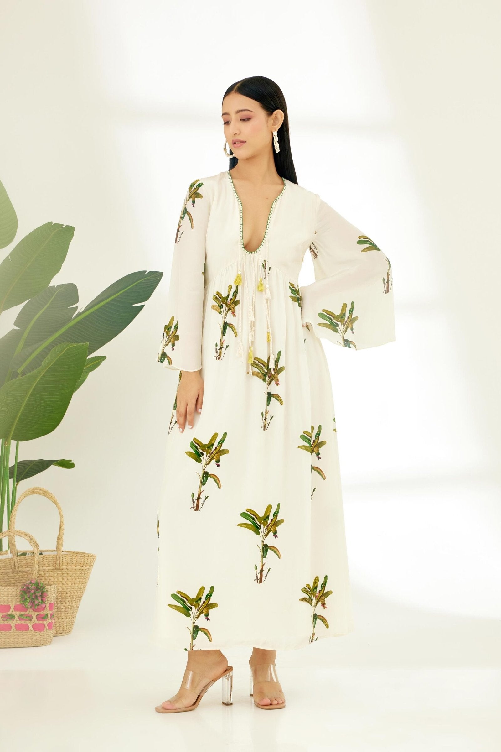 Off-White Hand painted Banana Tree Print Dress