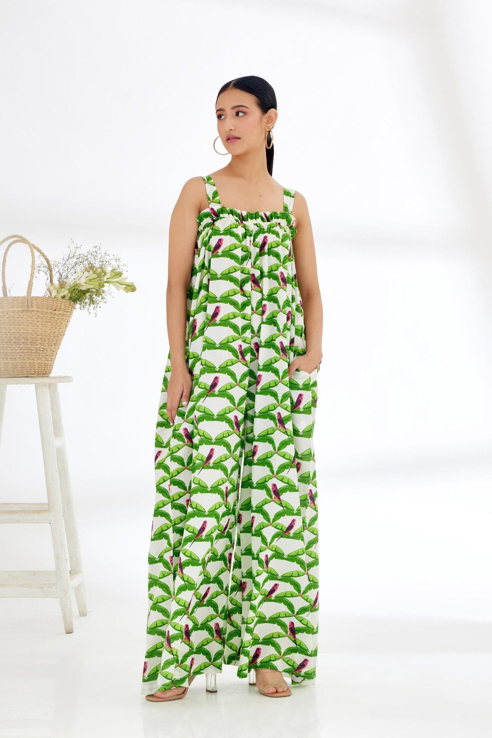 Off-White Hand painted Parakeet Print Jumpsuit