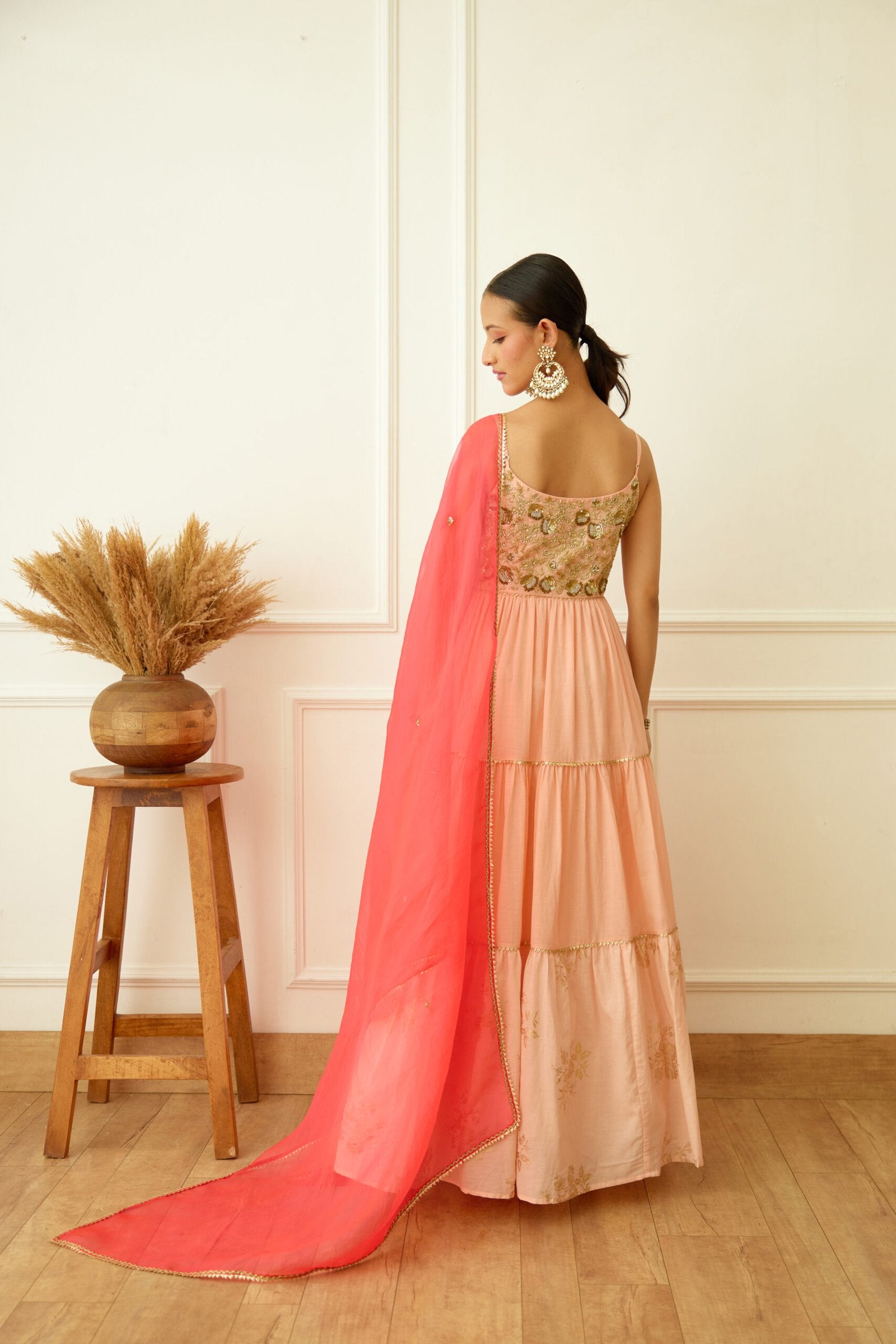 Peach Foil Embroidered Kalidar Set