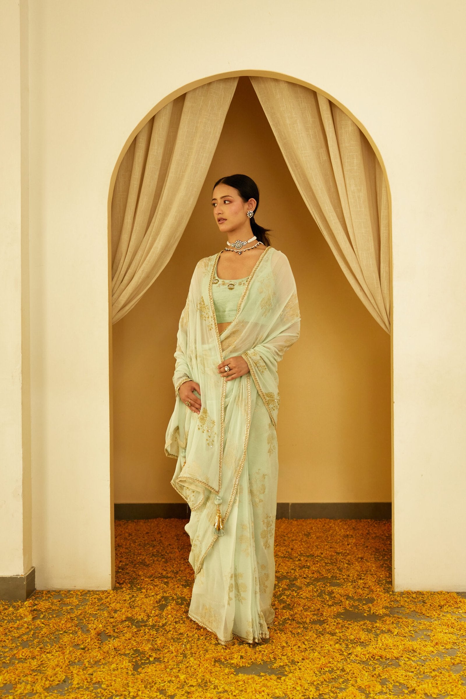 Mint Foil Pure Silk Chiffon Saree