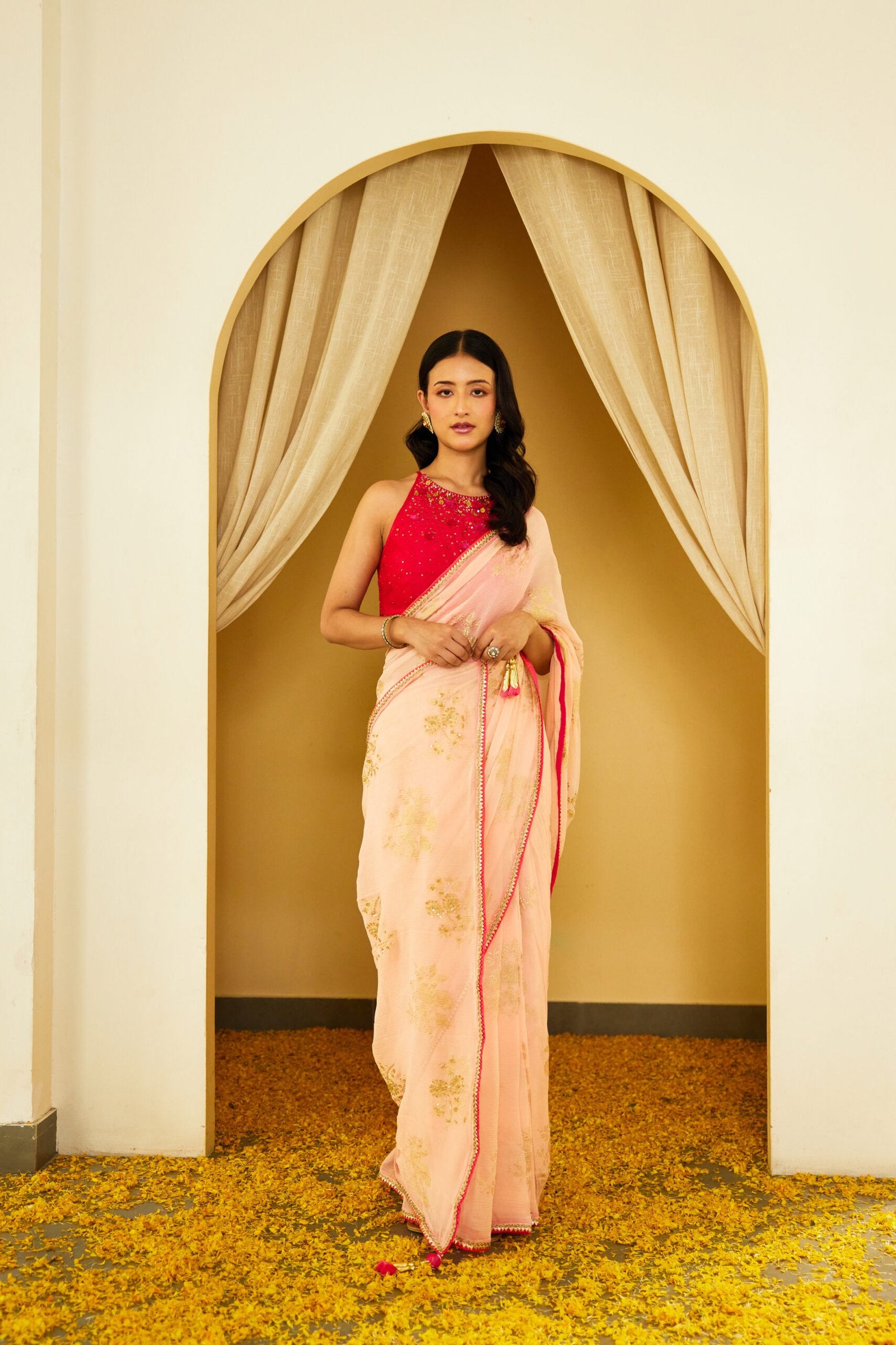 Peach Foil Pure Silk Chiffon Saree